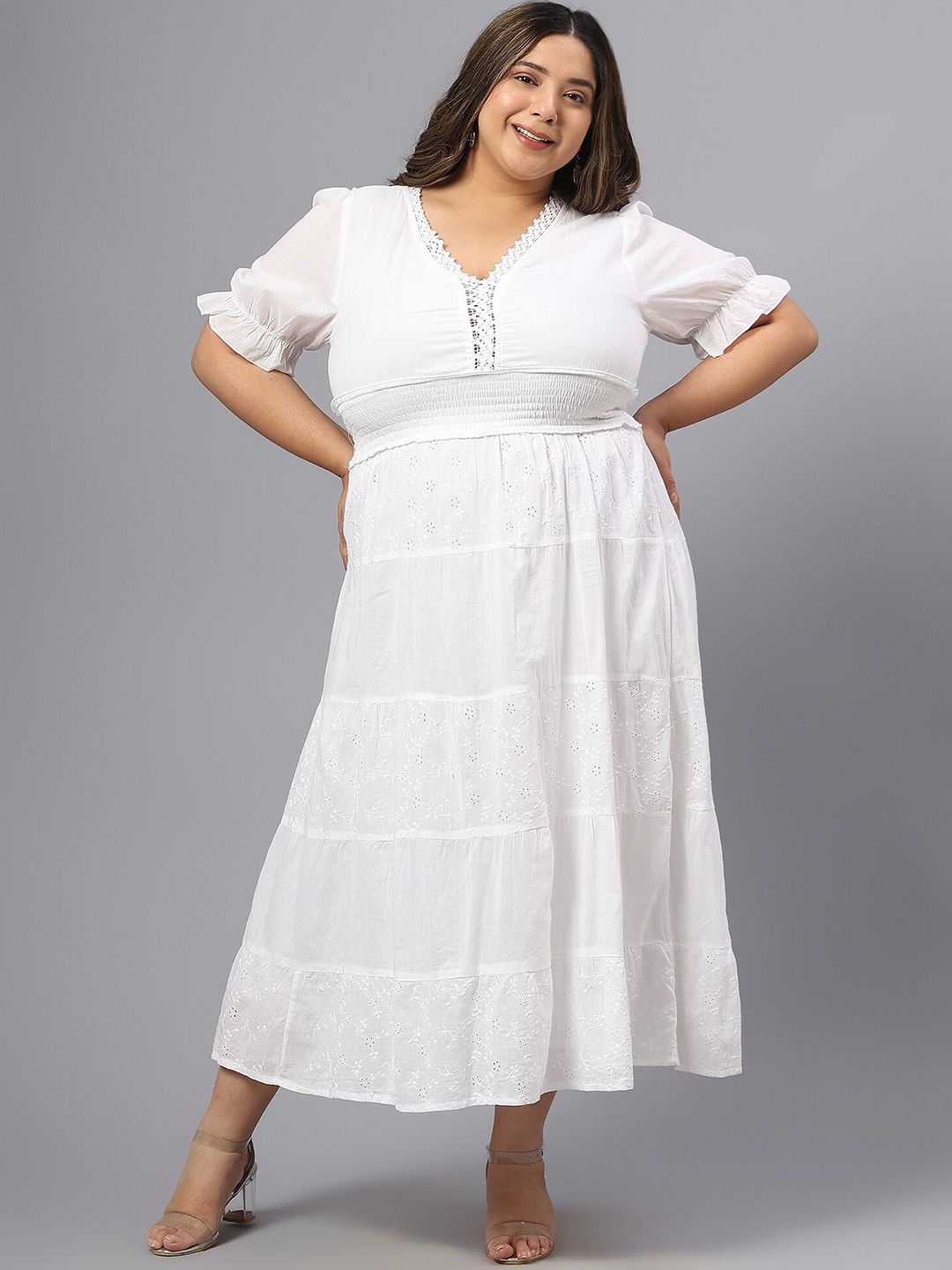 

SAAKAA Plus Size Floral Embroidered V-Neck Bell Sleeves Schiffli Pure Cotton Midi Dress, White