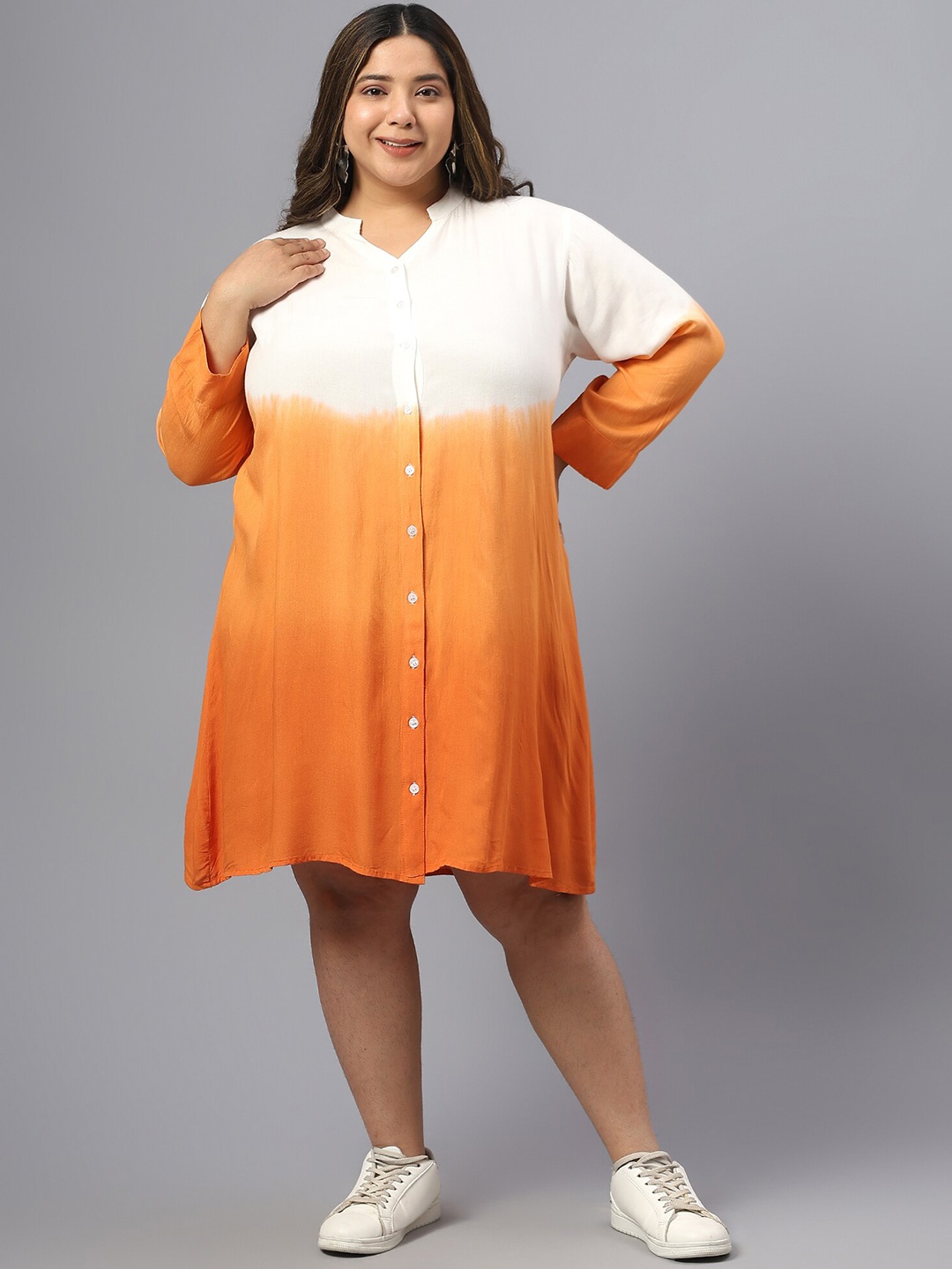 

SAAKAA Plus Size Ombre Printed Mandarin Collar Shirt Dress, Orange