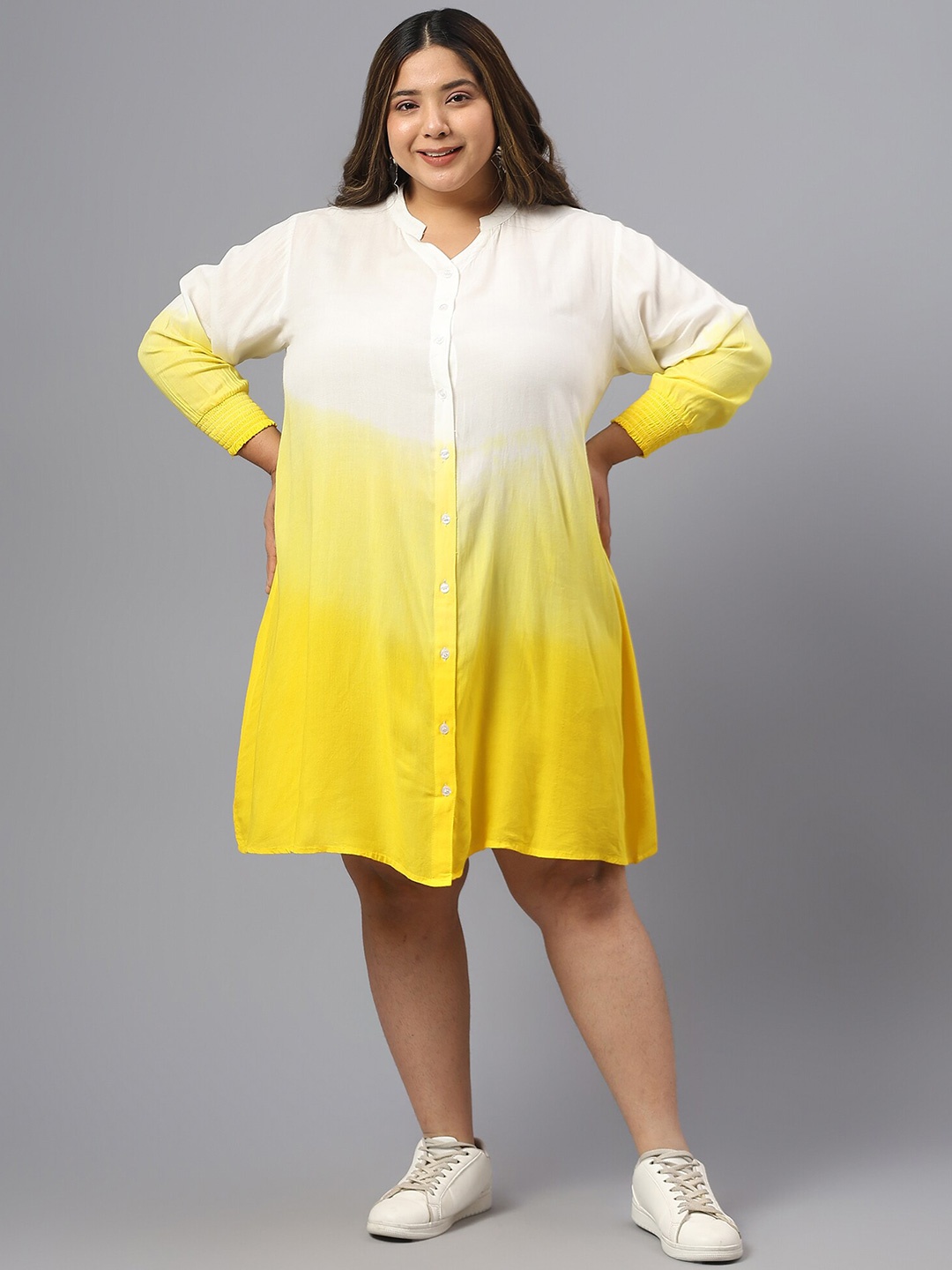 

SAAKAA Plus Size Ombre Printed Mandarin Collar Cuffed Sleeves Shirt Dress, Yellow