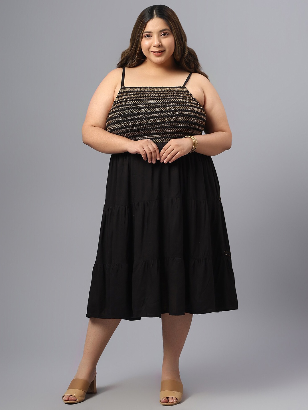

SAAKAA Plus Size Striped Shoulder Straps Gathered Fit & Flare Midi Dress, Black
