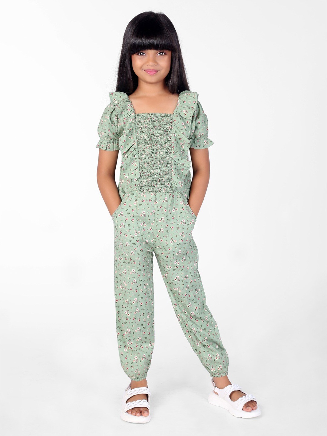 

ZIP ZAP ZOOP Girls Printed Square Neck Ruffles Pure Cotton Basic Jumpsuit, Green