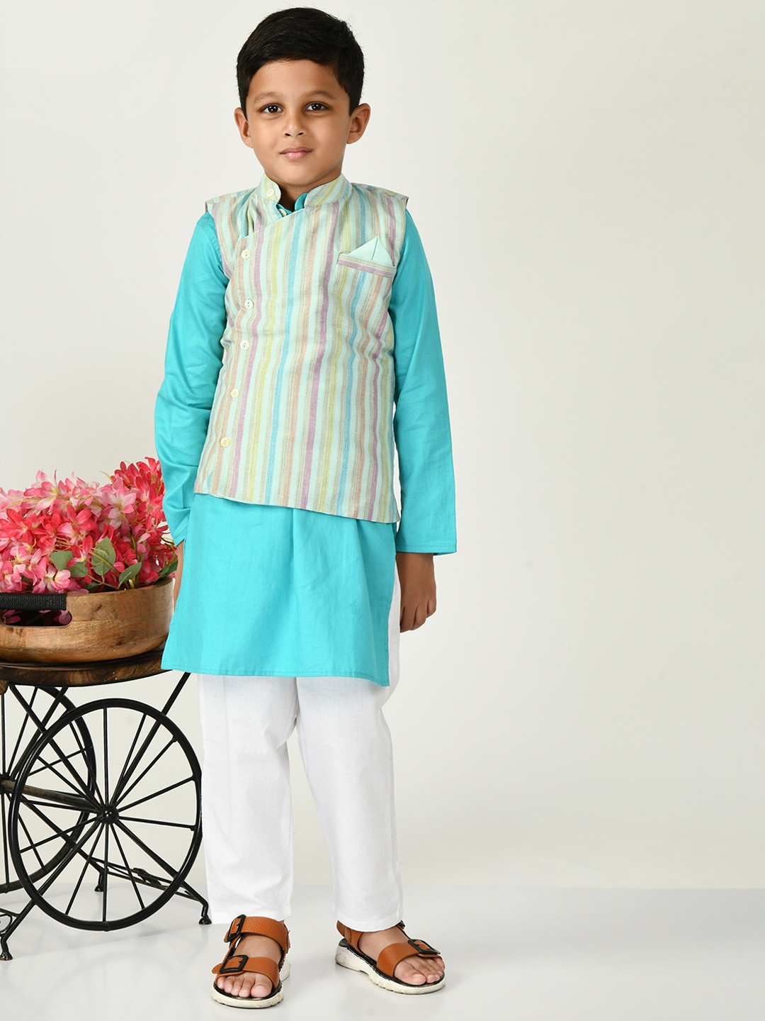 

BAESD Boys Stripes Pure Cotton Straight Kurta With Pyjama & Jacket, Blue