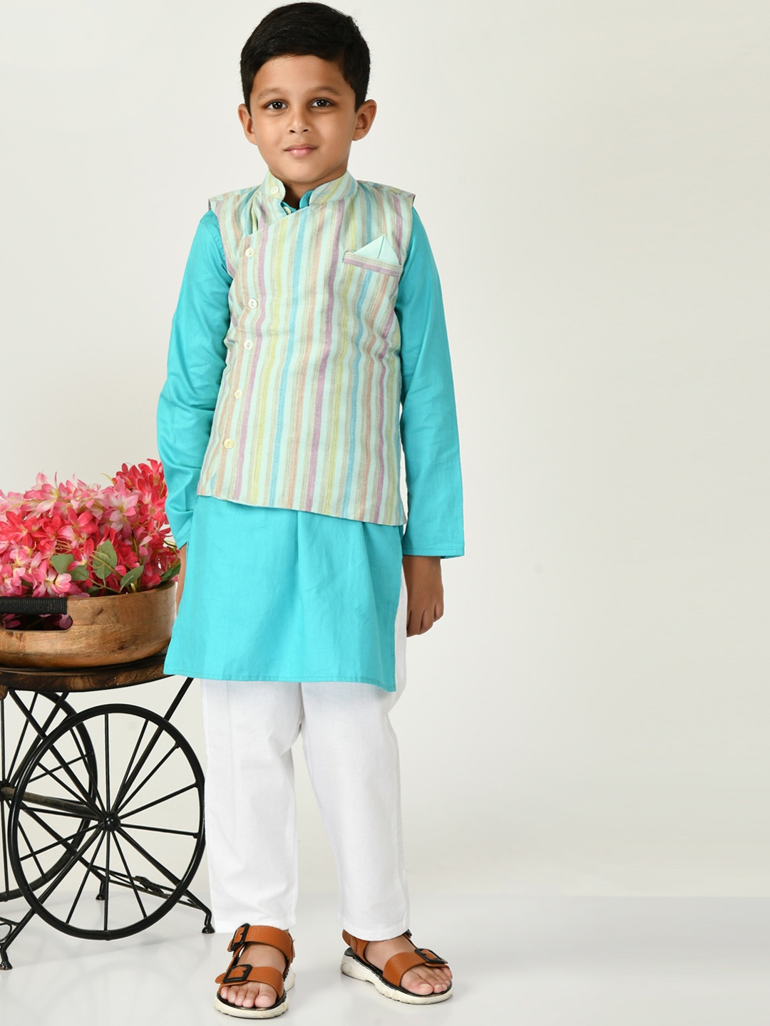 

BAESD Boys Stripes Pure Cotton Straight Kurta With Pyjama & Jacket, Blue