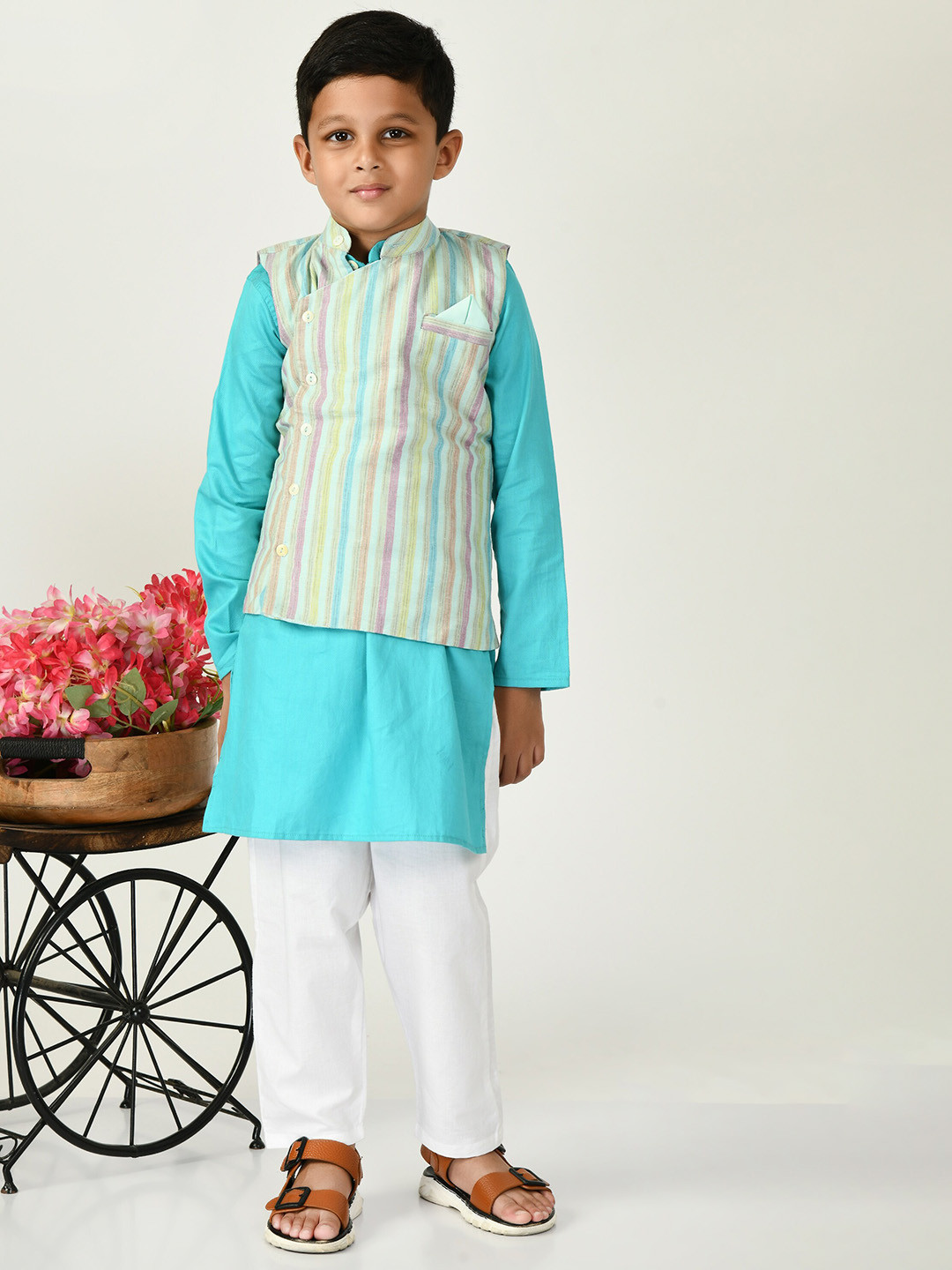 

BAESD Boys Stripes Pure Cotton Straight Kurta With Pyjama & Jacket, Blue