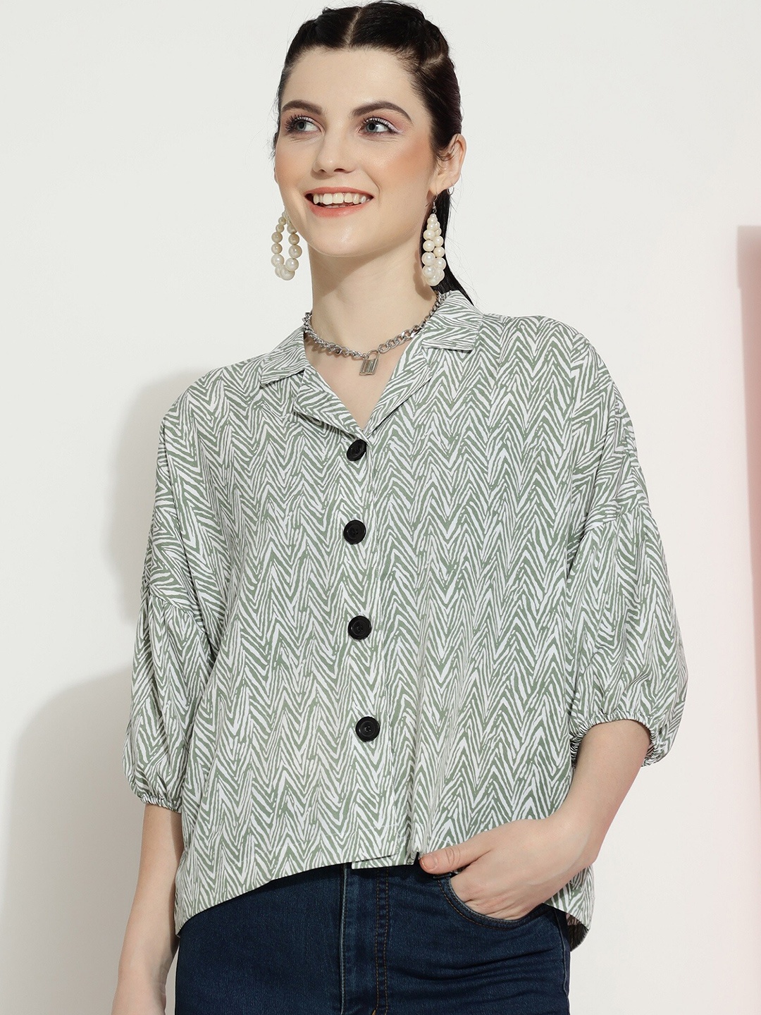 

DressBerry Geometric Print Crepe Shirt Style Top, Sea green