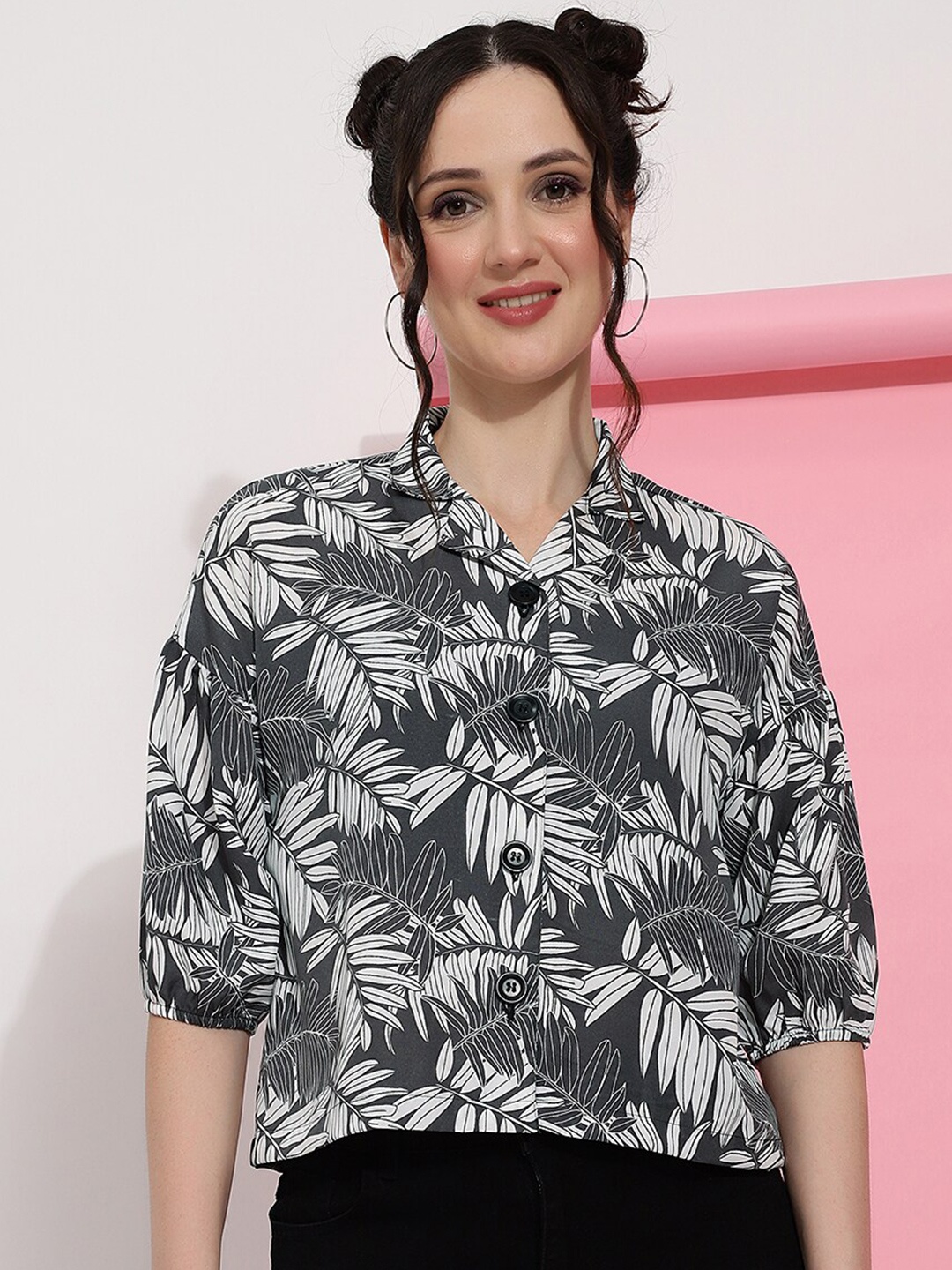 

DressBerry Tropical Print Mandarin Collar Crepe Shirt Style Top, Grey