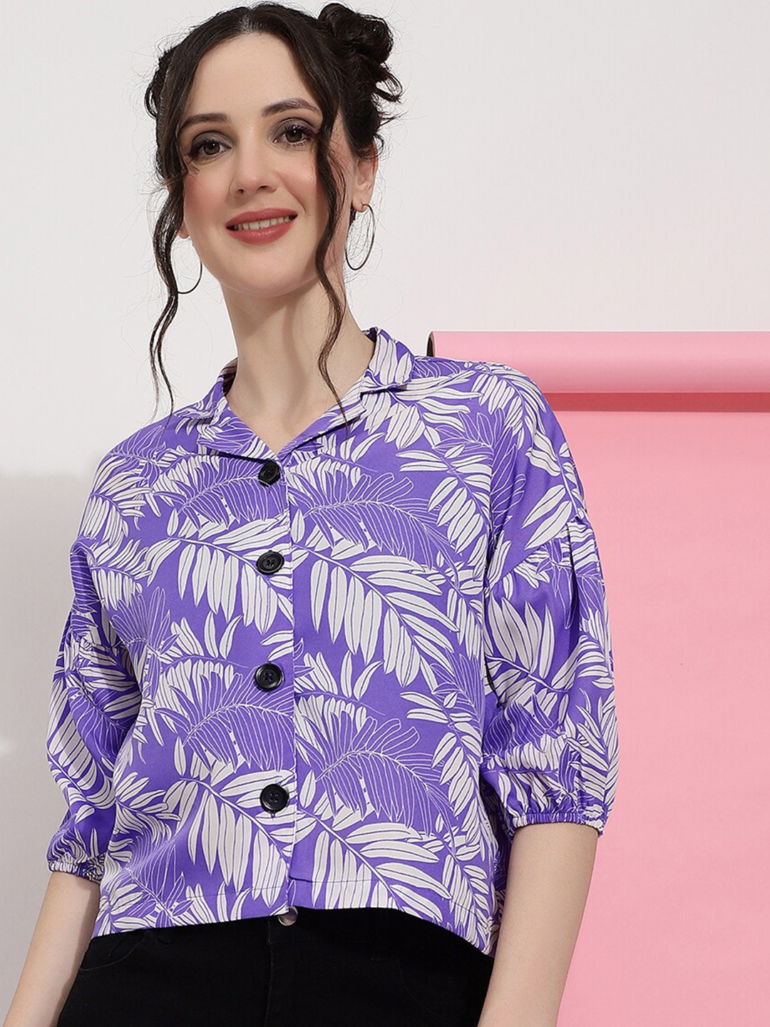 

DressBerry Floral Print Mandarin Collar Crepe Shirt Style Top, Blue