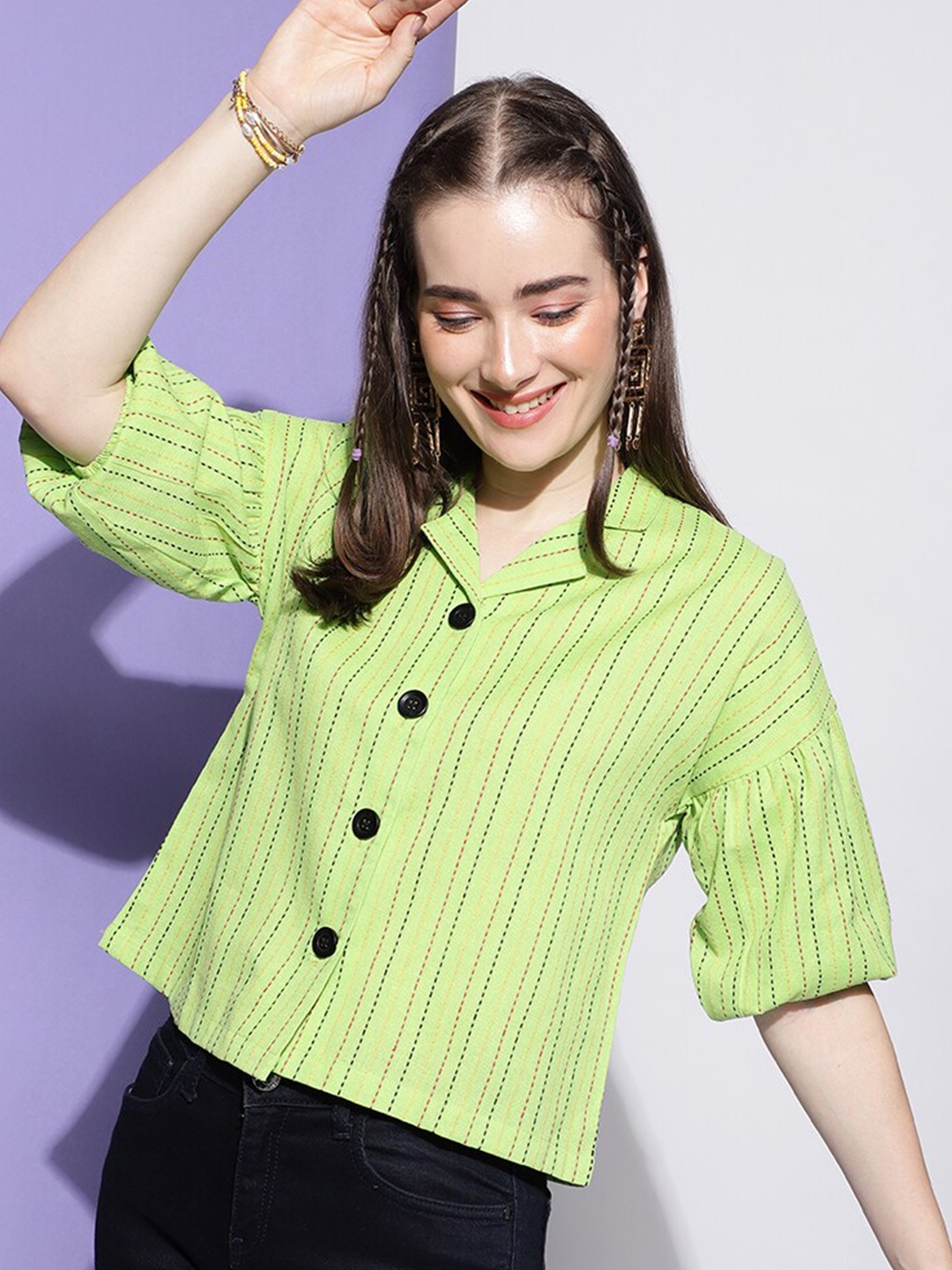 

DressBerry Striped Puff Sleeve Cotton Shirt Style Top, Green