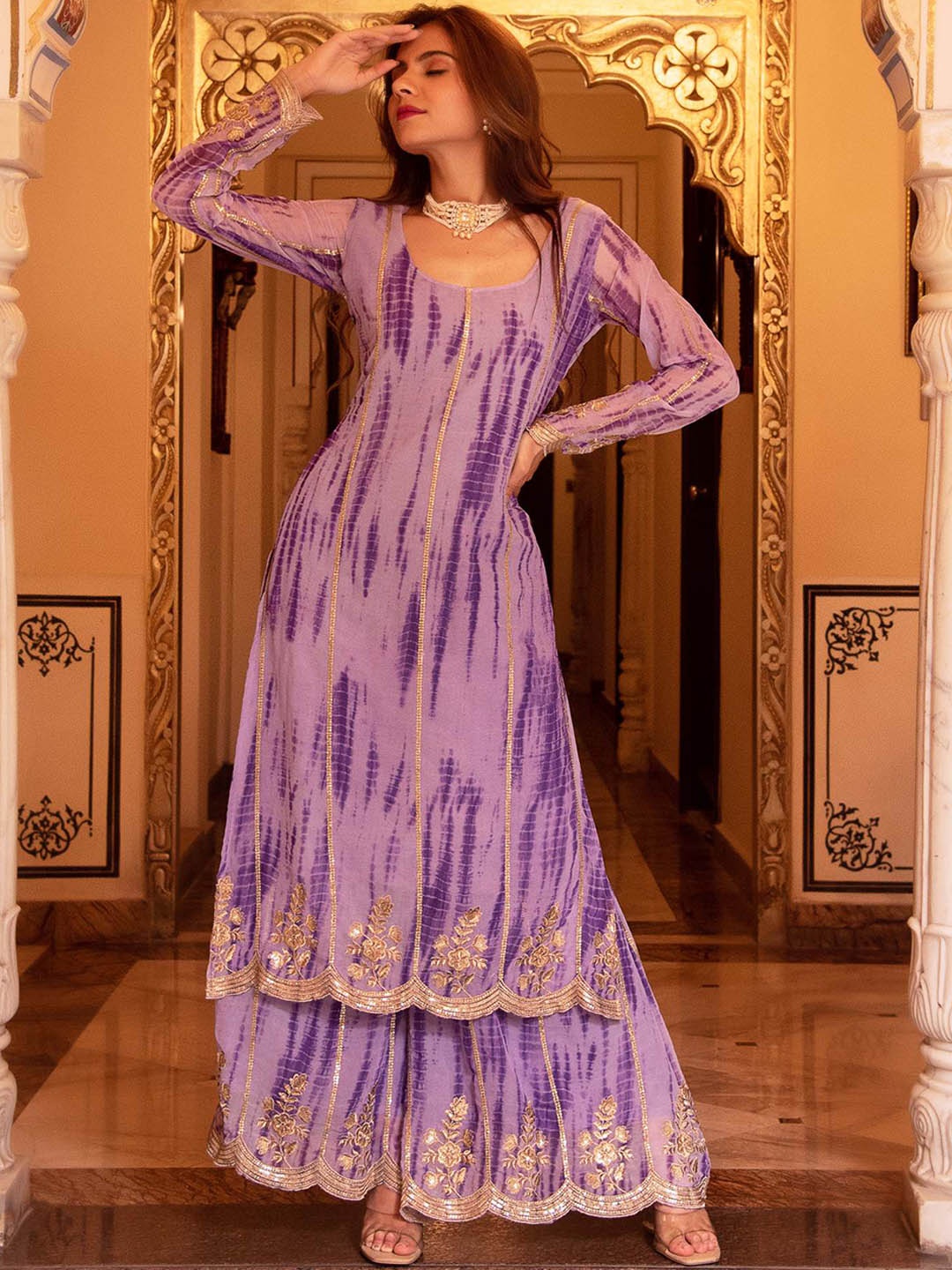 

Calmna Leheriya Embroidered Round Neck Long Sleeves Sequinned Kurta with Palazzos, Purple