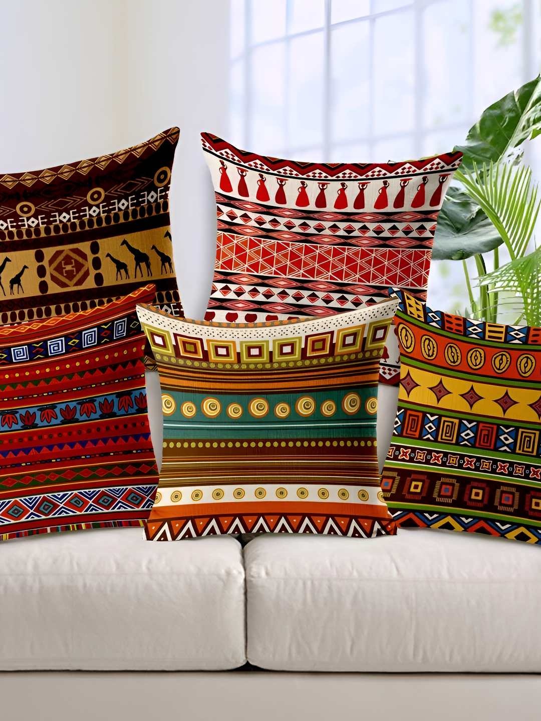 

CASA-NEST Brown & Black 5 Pieces Geometrical Printed Cotton Square Cushion Covers