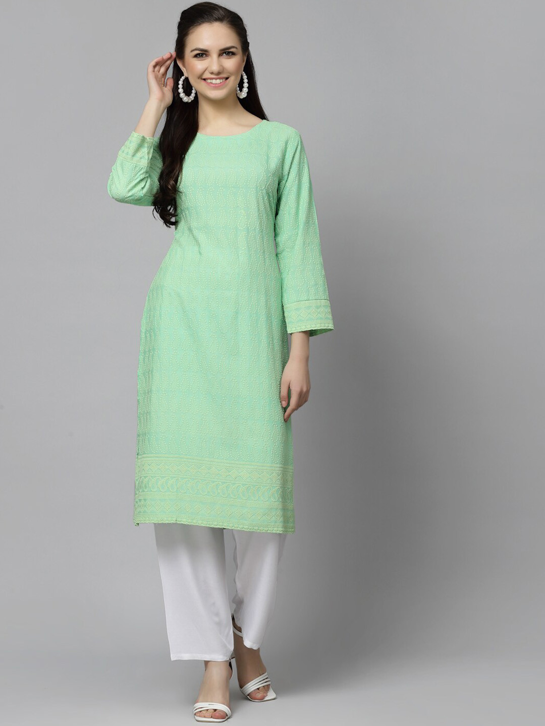 

Yashika Paisley Embroidered Round neck Long Sleeves Cotton Straight Kurta, Green