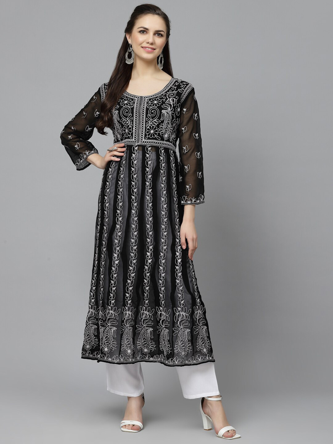 

Yashika Floral Embroidered Round Neck Long Sleeves Chikankari Georgette Anarkali Kurta, Black