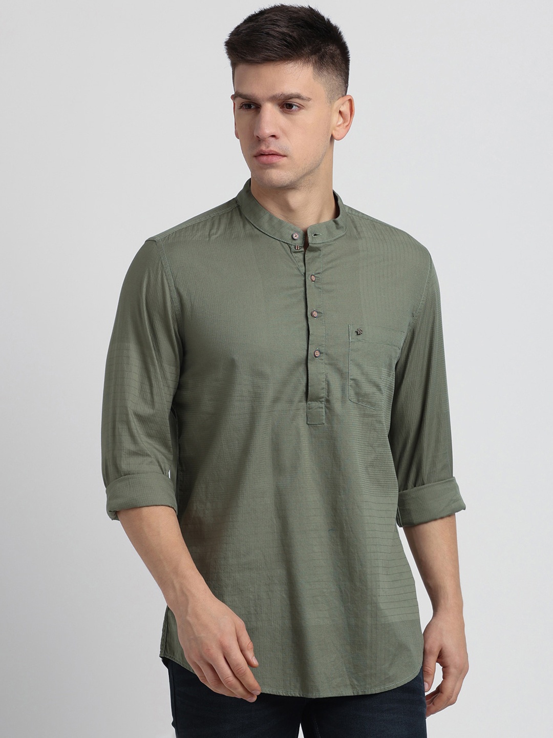 

Turtle Long Sleeves Mandarin Collar Cotton Kurta, Olive