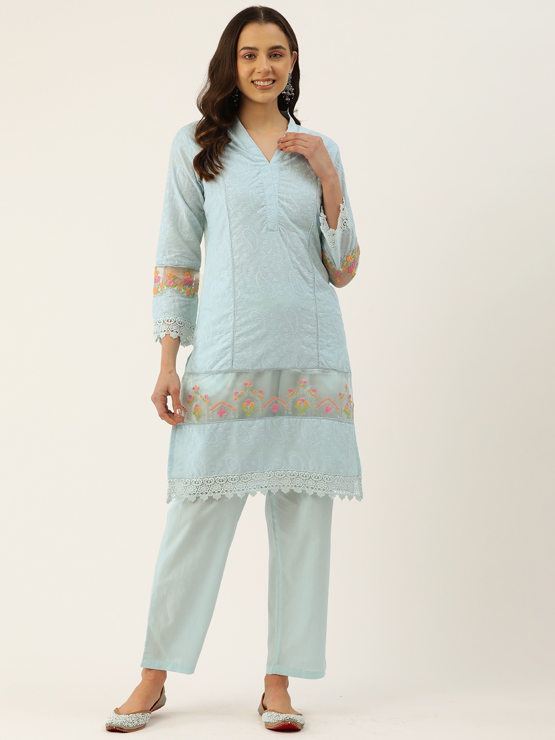 

MISRI Women Ethnic Motifs Embroidered Thread Work Pure Cotton Kurta with Trousers, Blue