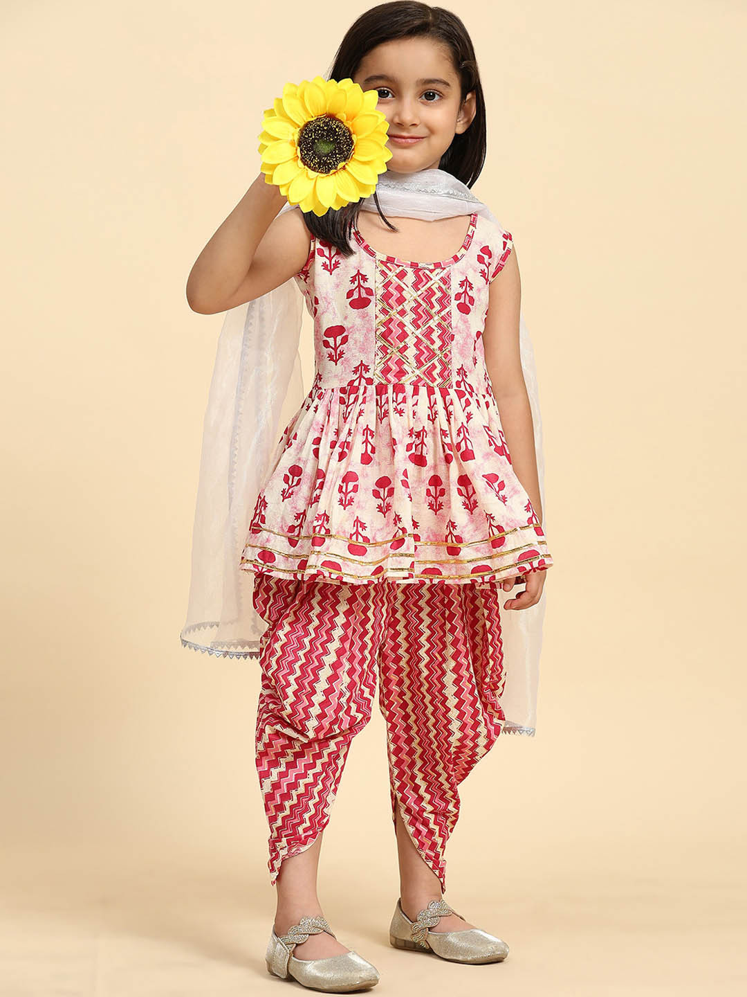 

Angroop Girls Ethnic Motifs Printed Gotta Patti Cotton Kurta With Dhoti Pants & Dupatta, Rust