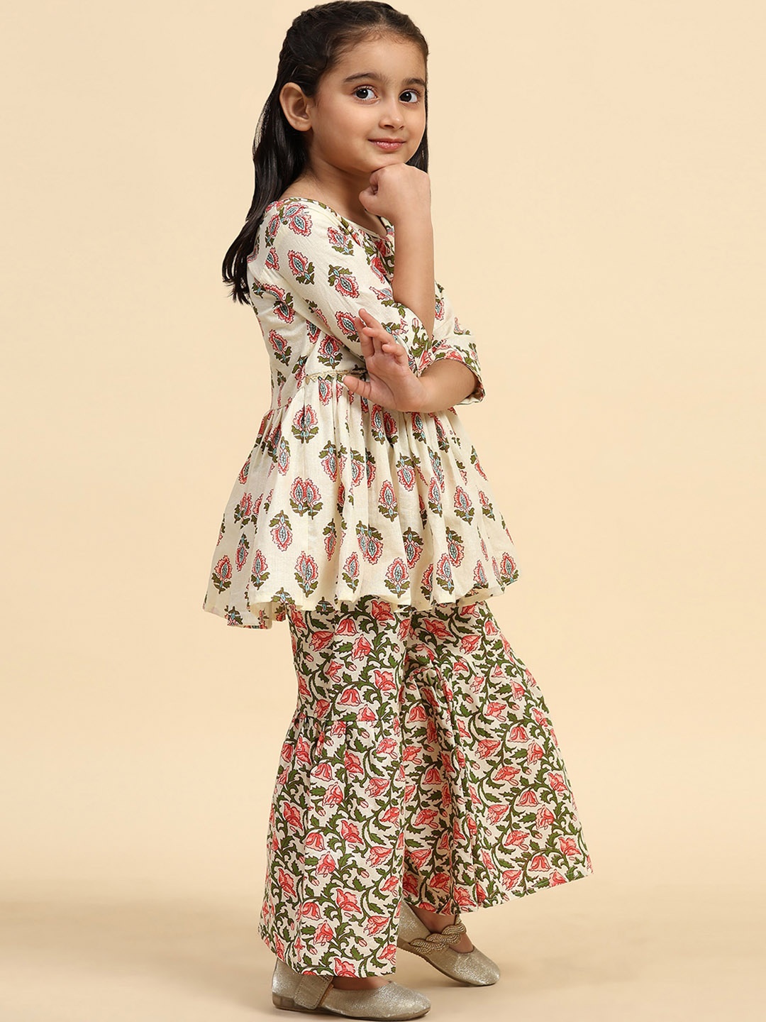 

Angroop Girls Floral Printed Gotta Patti Cotton Kurta With Dhoti Pants & Dupatta, Cream