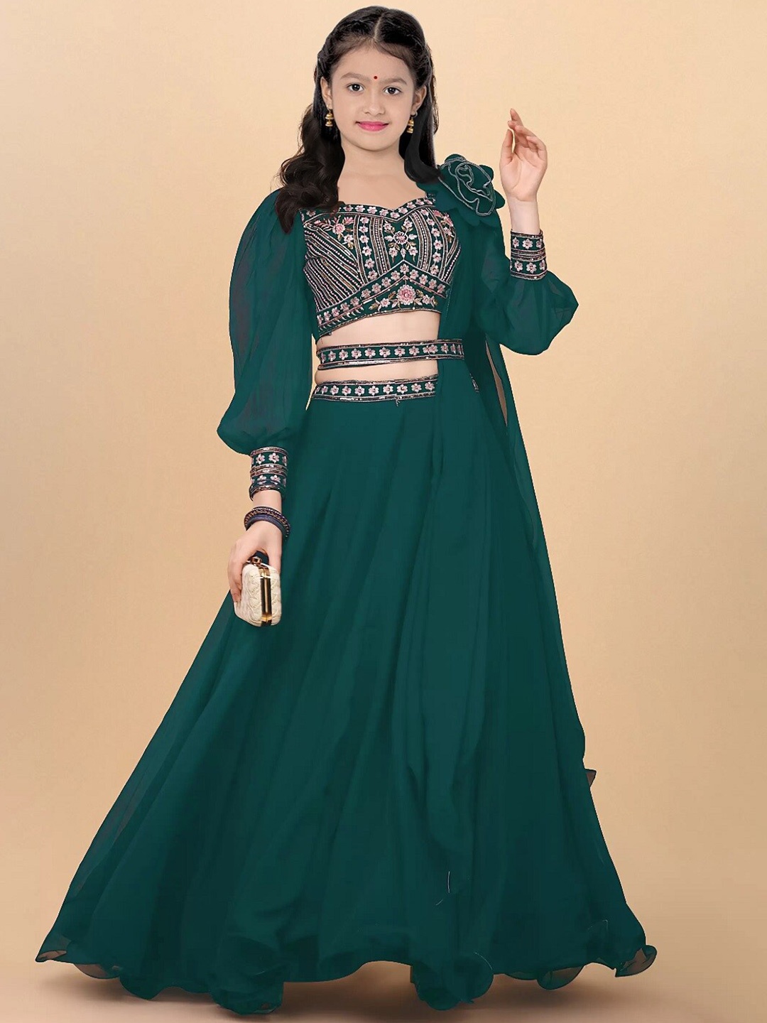 

BAESD Girls Floral Embroidered Semi-Stitched Lehenga & Unstitched Blouse With Dupatta, Green