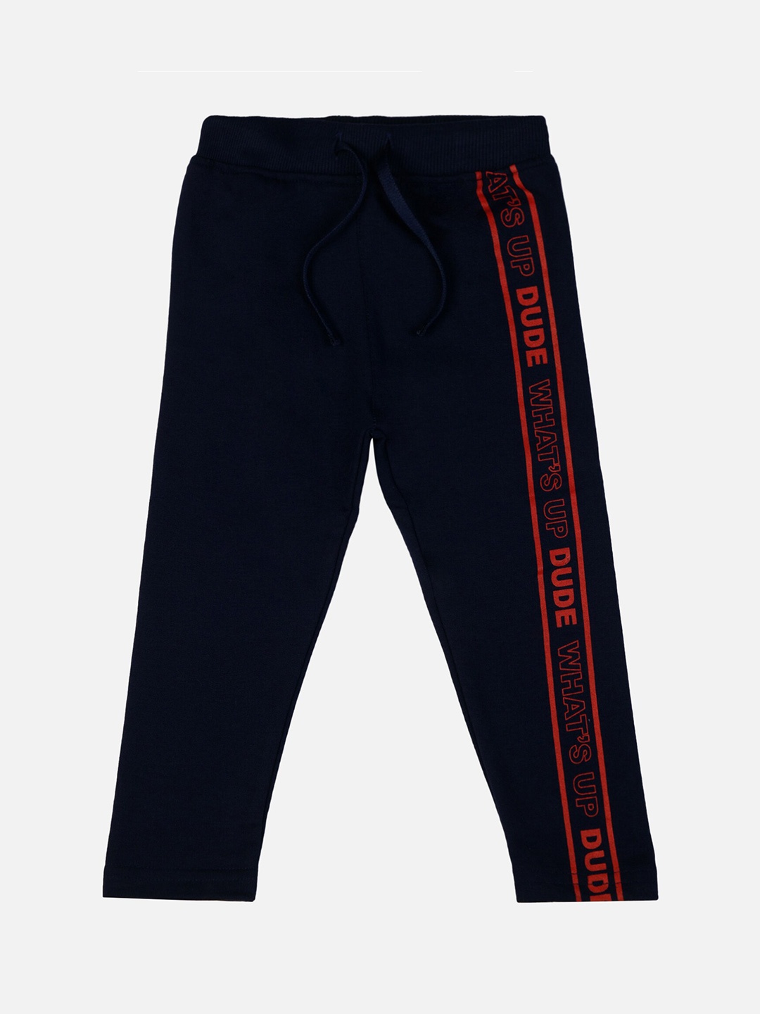 

Bodycare Infant Boys Typography Printed Mid-Rise Pure Cotton Track Pant, Navy blue