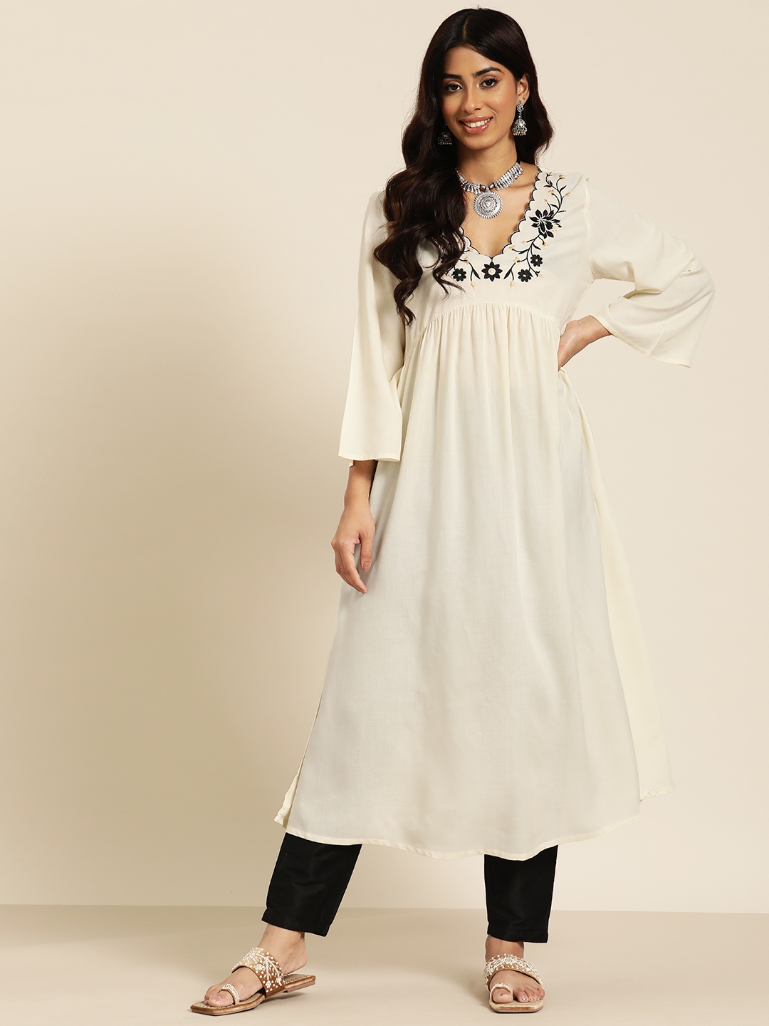 

HERE&NOW Yoke Design A-Line Empire Kurta, Cream