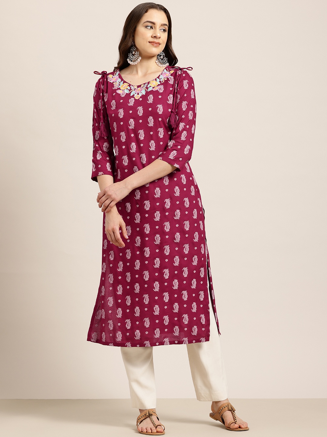 

HERE&NOW Paisley Print Embroidered Tie-Up Detail Kurta, Maroon