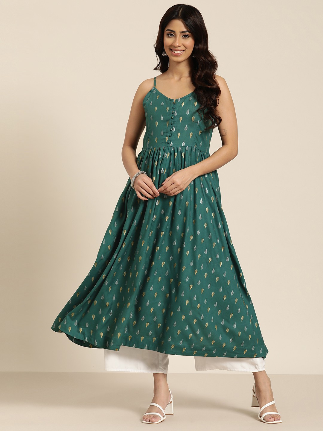 

HERE&NOW Shoulder Straps Ethnic Motifs Printed Kurta, Green
