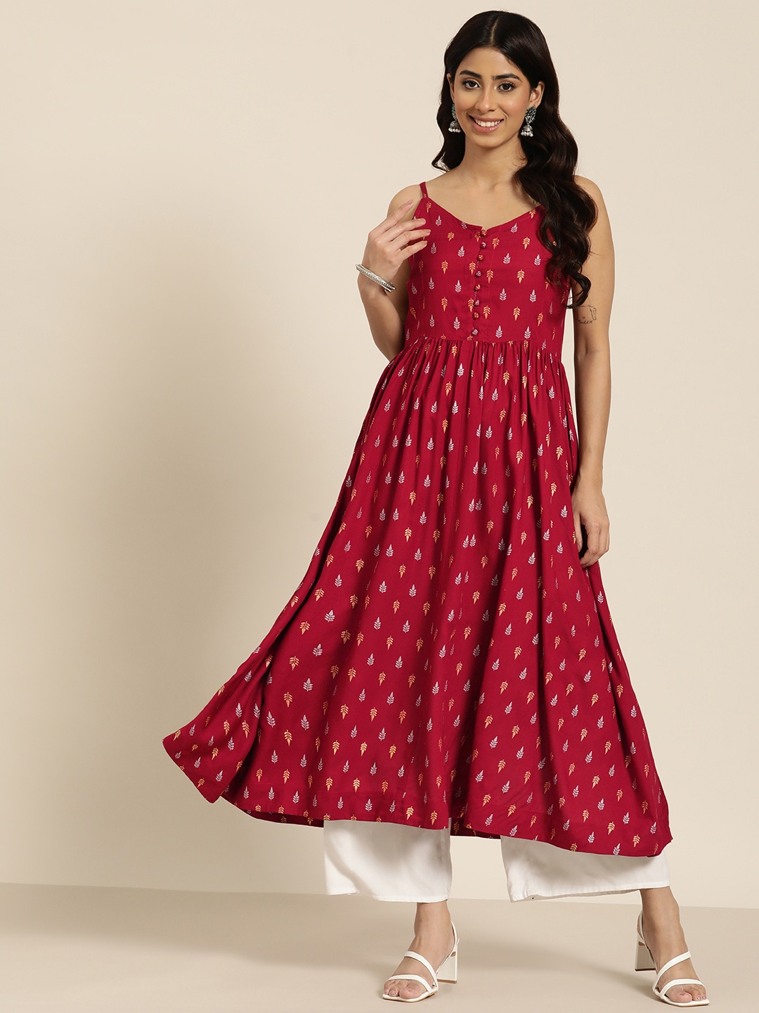 

HERE&NOW Shoulder Straps Ethnic Motifs Printed Kurta, Red