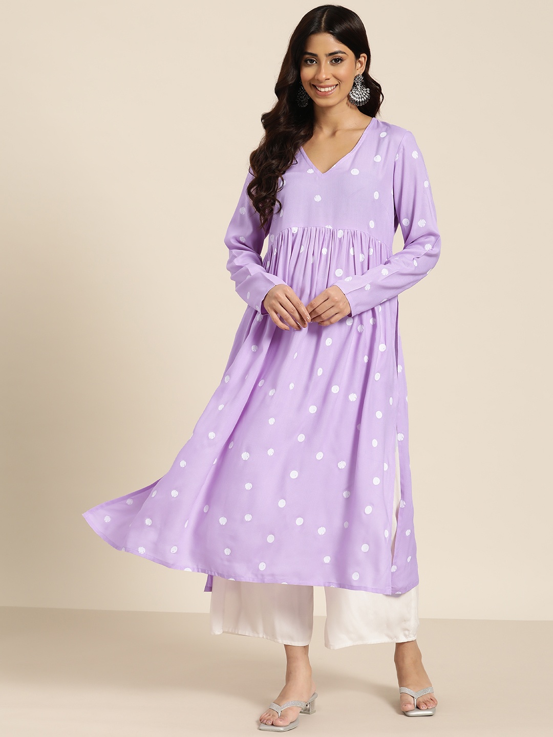 

HERE&NOW Printed A-Line Pleated Kurta, Lavender