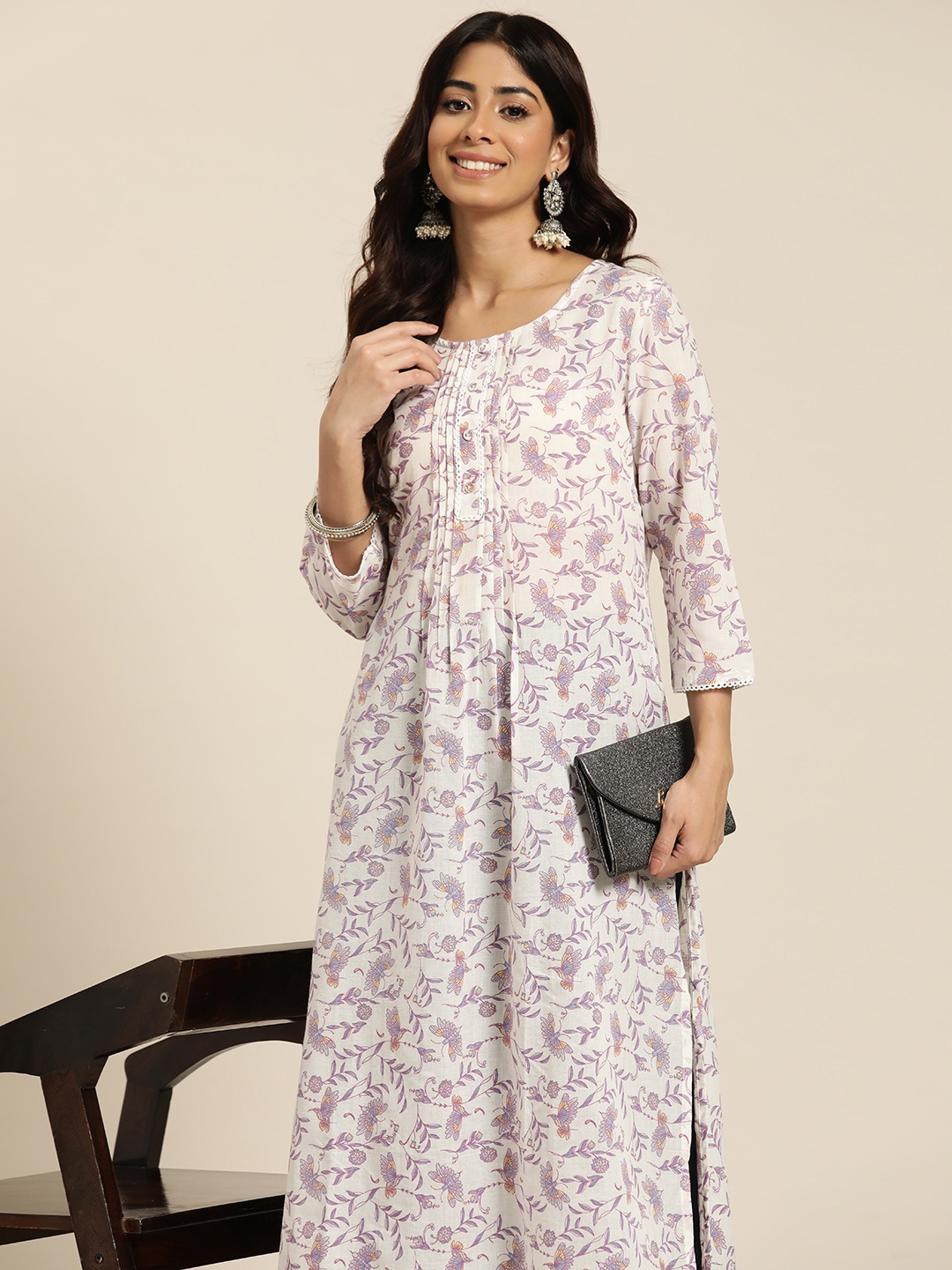 

HERE&NOW Floral Printed Straight Kurta, White