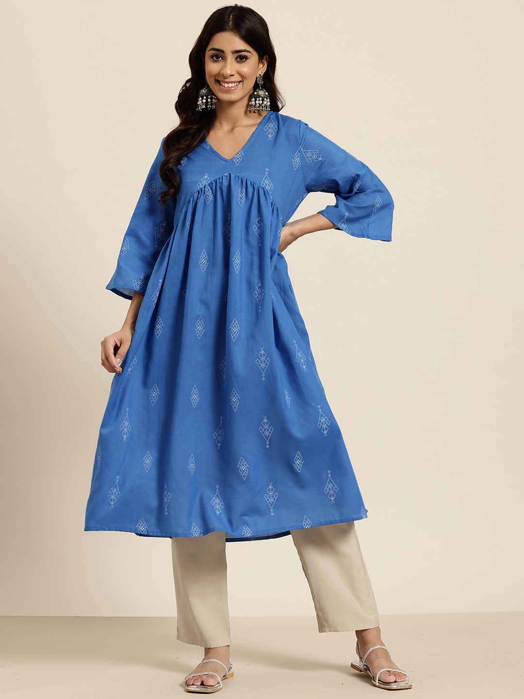 

HERE&NOW Geometric Print Flared Sleeves A-Line Kurta, Blue