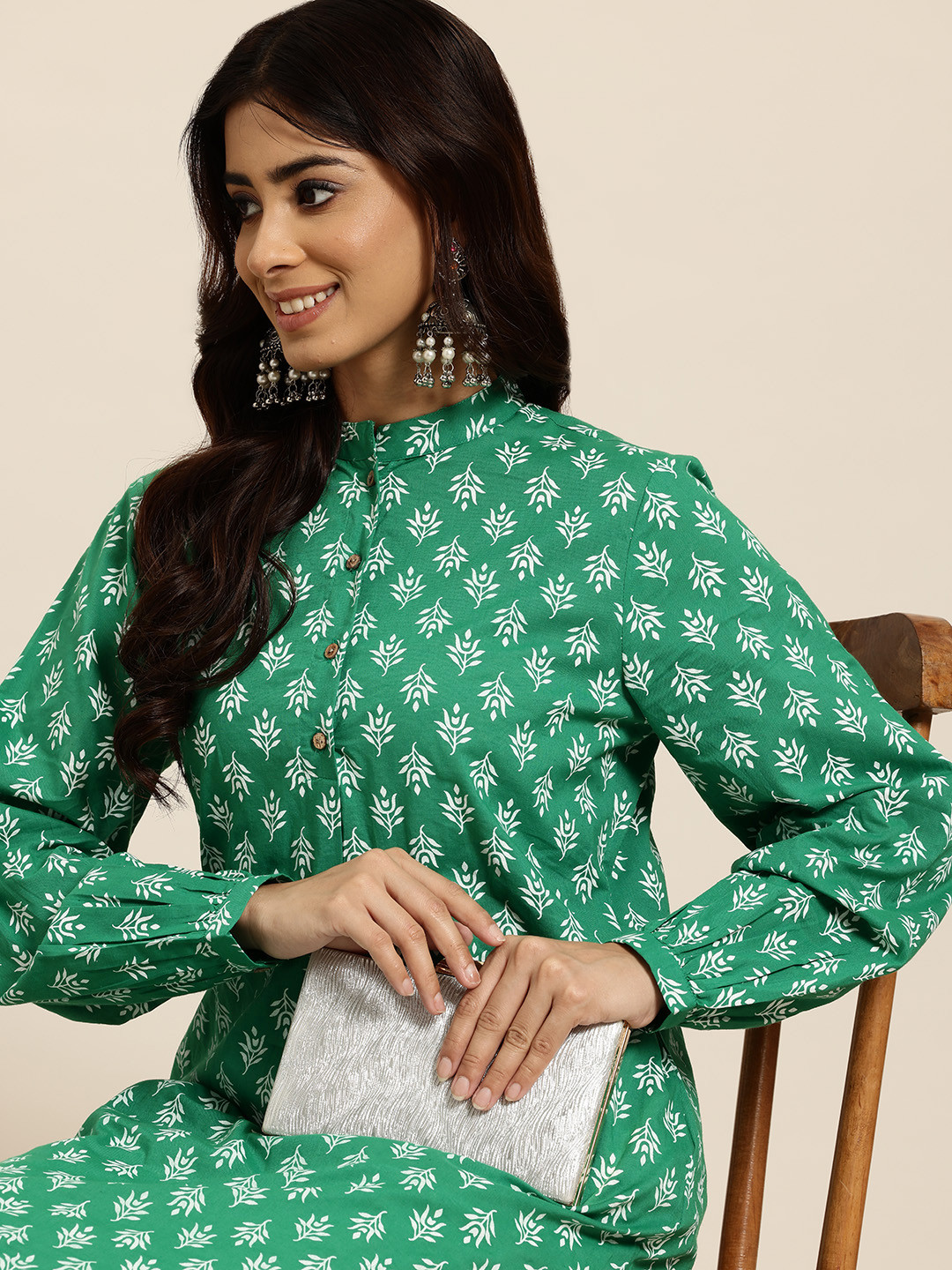 

HERE&NOW Pure Cotton Ethnic Motifs Print Straight Kurta, Green