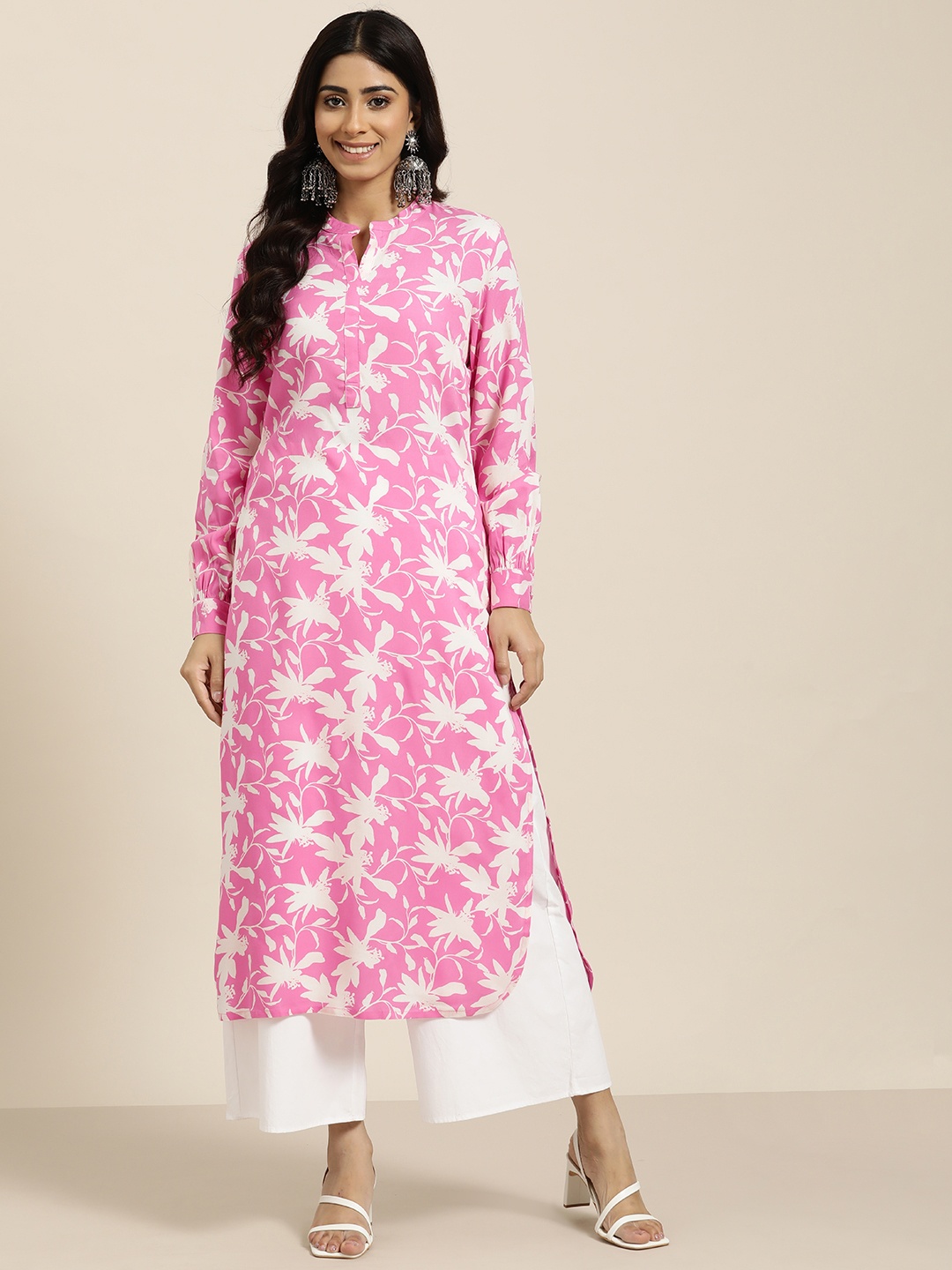 

HERE&NOW Floral Printed Straight Kurta, Pink