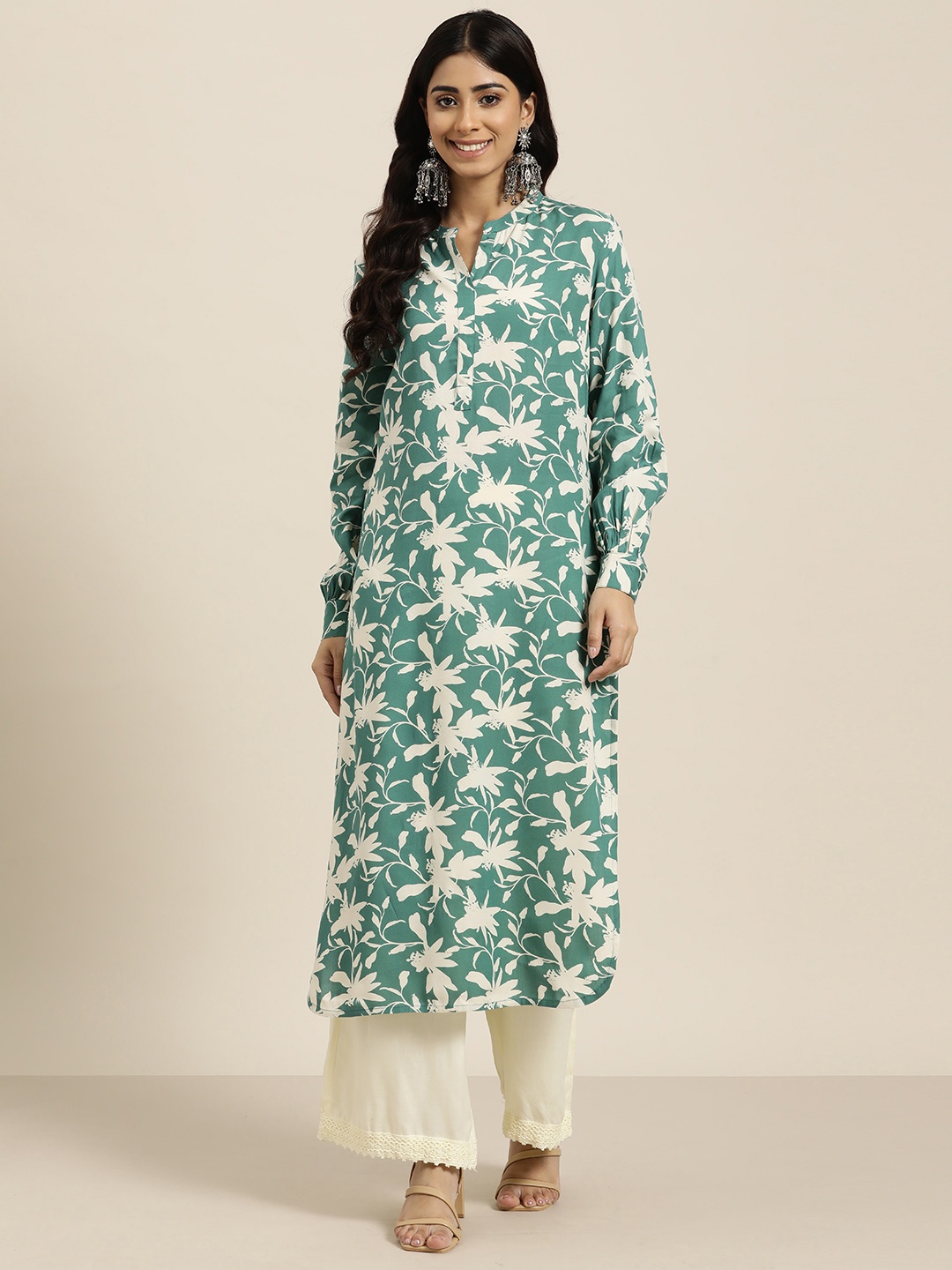 

HERE&NOW Floral Printed Straight Kurta, Teal