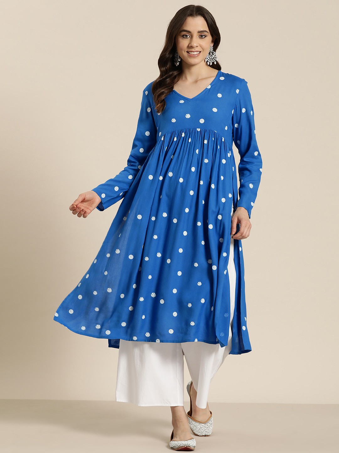 

HERE&NOW Floral Print Pure Cotton Pleated A-Line Kurta, Blue