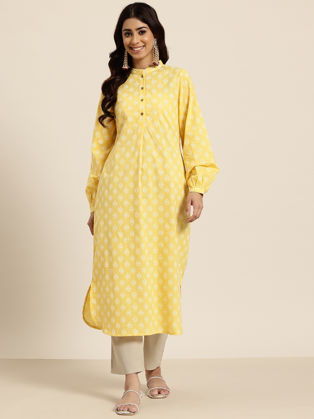 

HERE&NOW Pure Cotton Ethnic Motifs Print Straight Kurta, Yellow