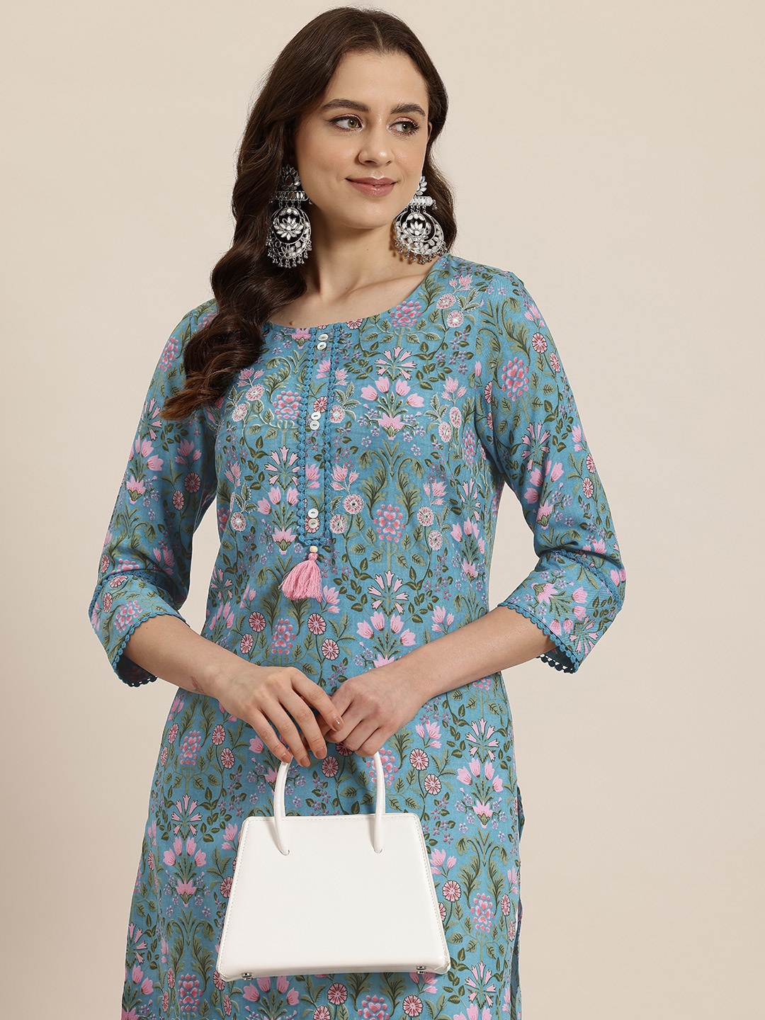 

HERE&NOW Floral Print Tasseled Straight Kurta, Blue