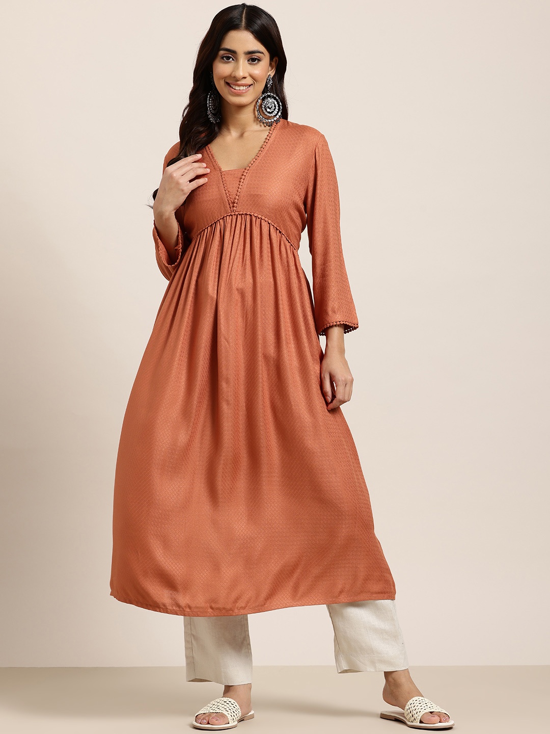 

HERE&NOW Women Pleated A-Line Kurta, Rust