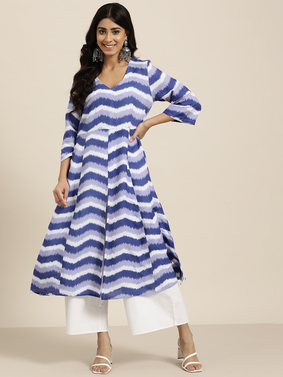 

HERE&NOW Chevron Printed A-Line Kurta, Blue