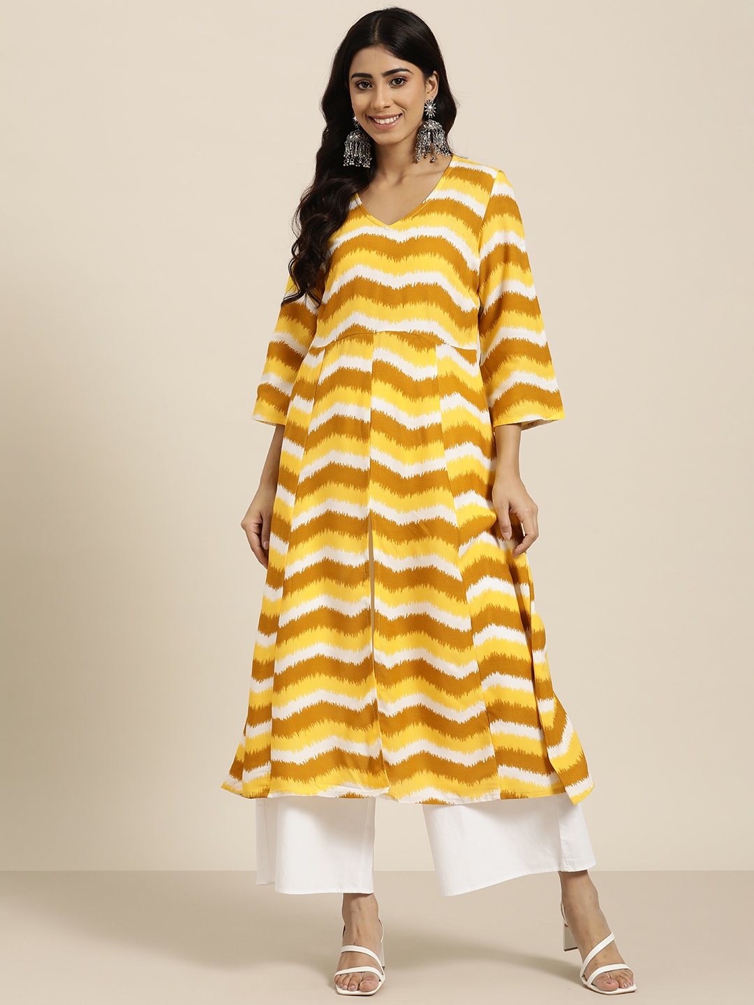

HERE&NOW Chevron Printed A-Line Kurta, Yellow