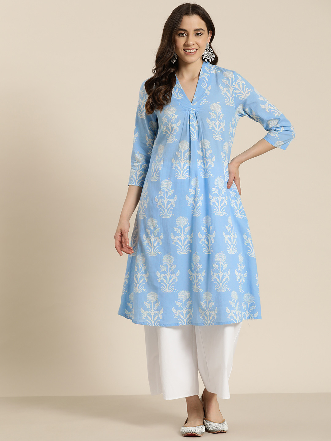 

HERE&NOW Printed Pleated A-Line Kurta, Blue