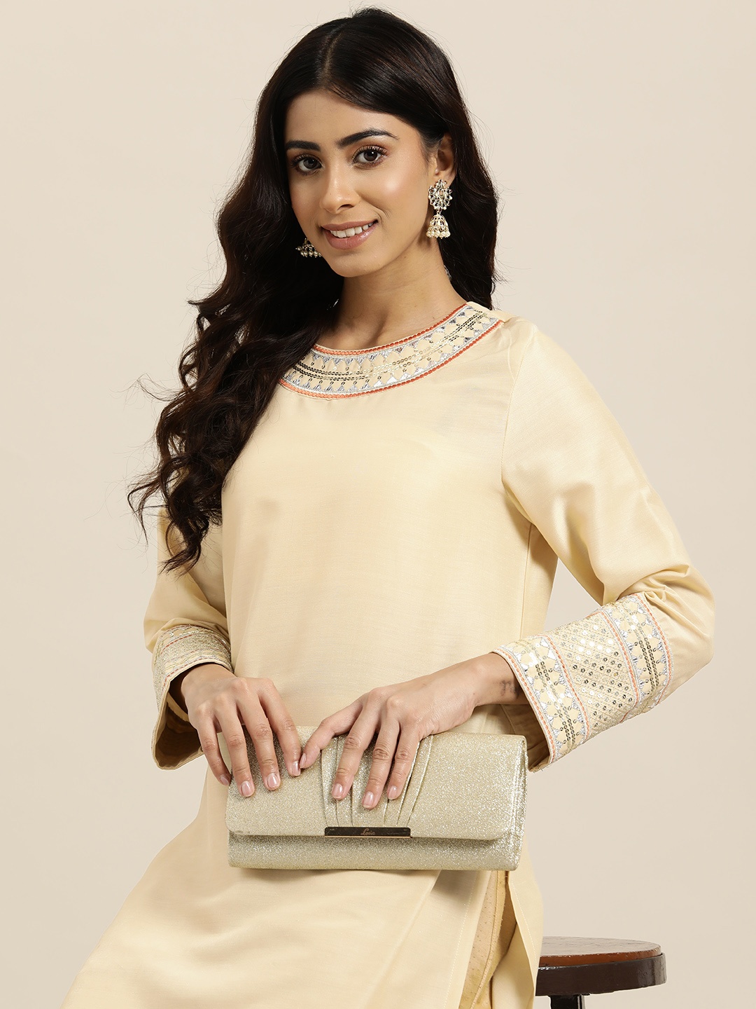 

HERE&NOW Round Neck Sequin Detail Kurta, Beige