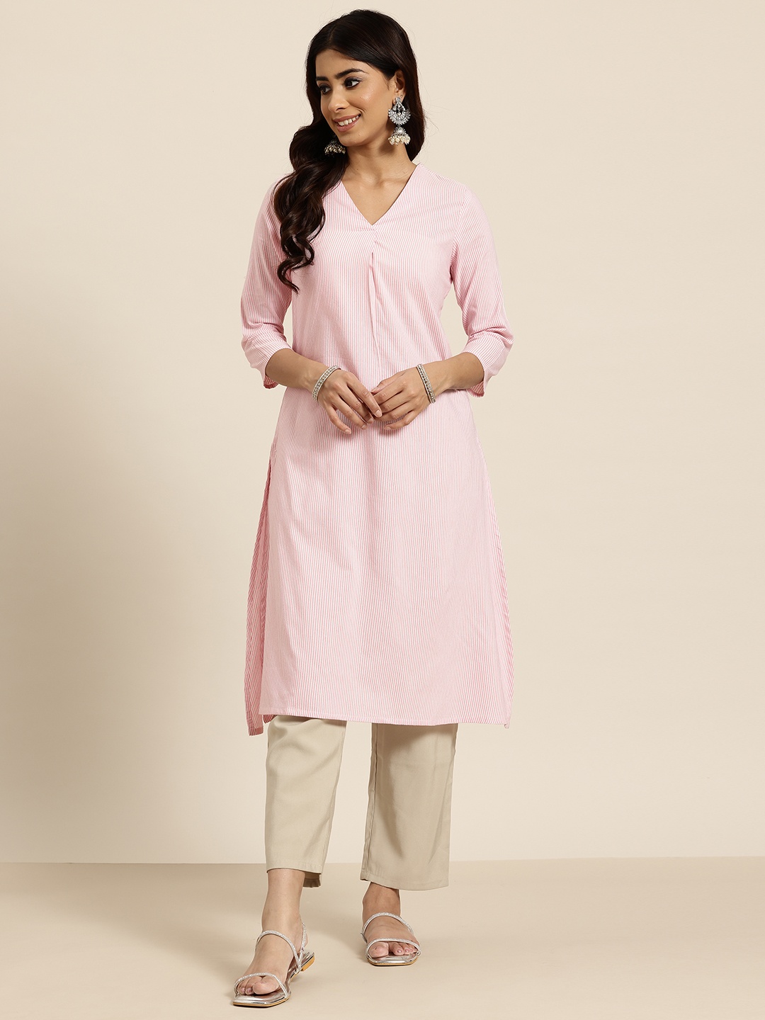 

HERE&NOW Women Striped Kurta, Pink