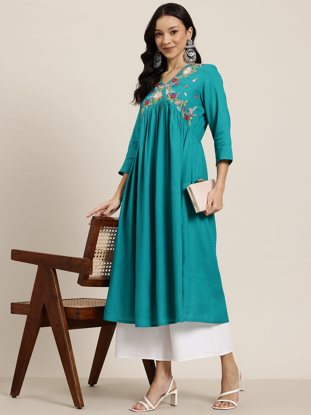 

HERE&NOW Floral Yoke Design Empire A-Line Kurta, Teal