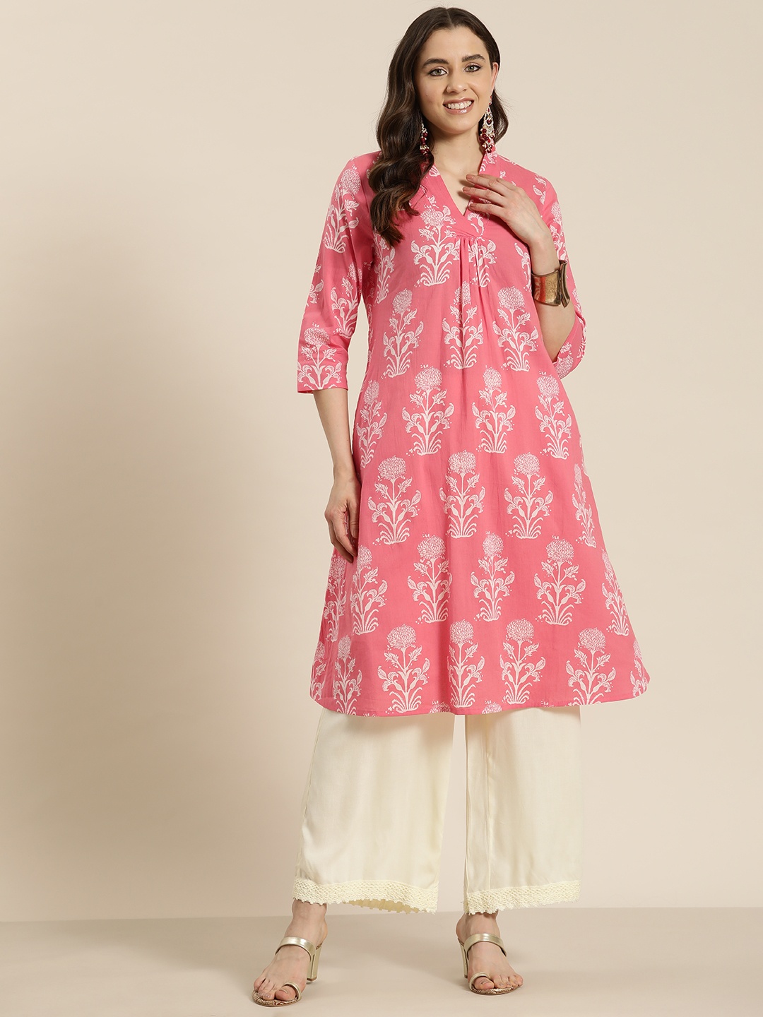 

HERE&NOW Floral Print Pure Cotton Pleated A-Line Kurta, Peach