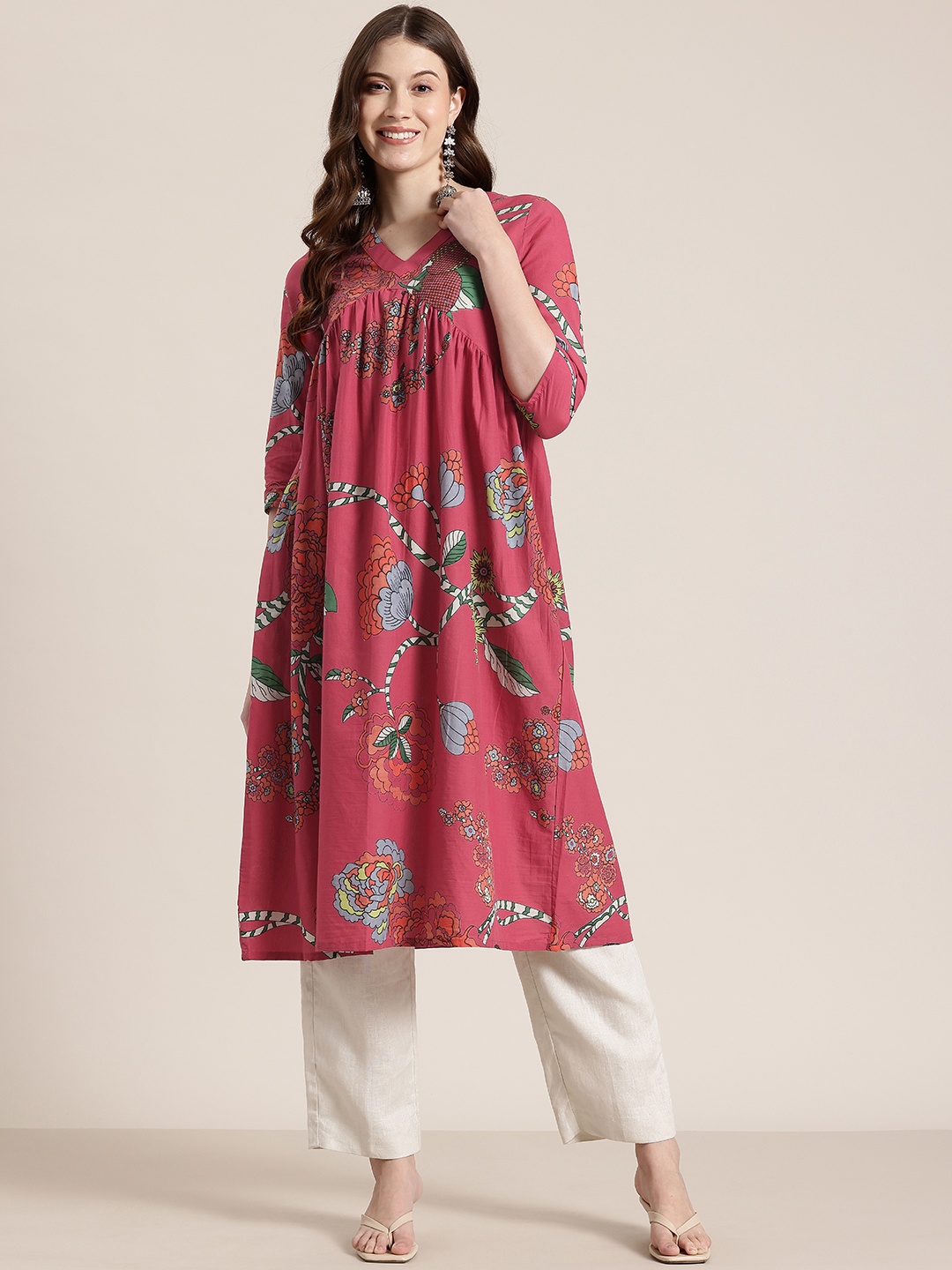 

HERE&NOW Floral Printed A-line Kurta, Red