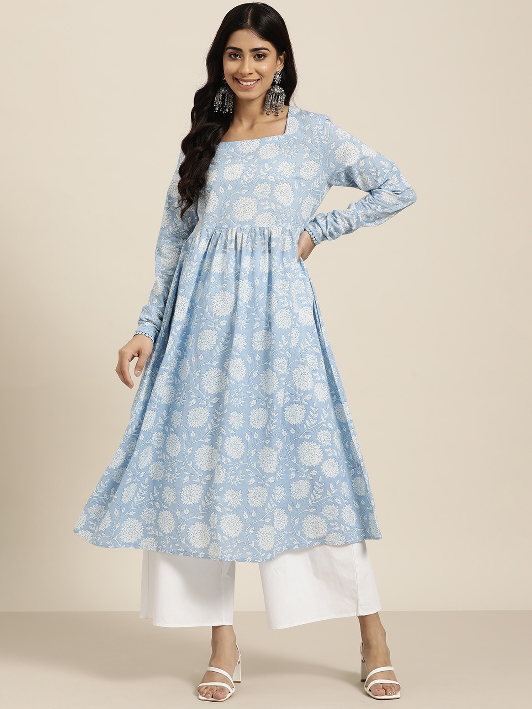 

HERE&NOW Floral Printed Pure Cotton Anarkali Kurta, Blue