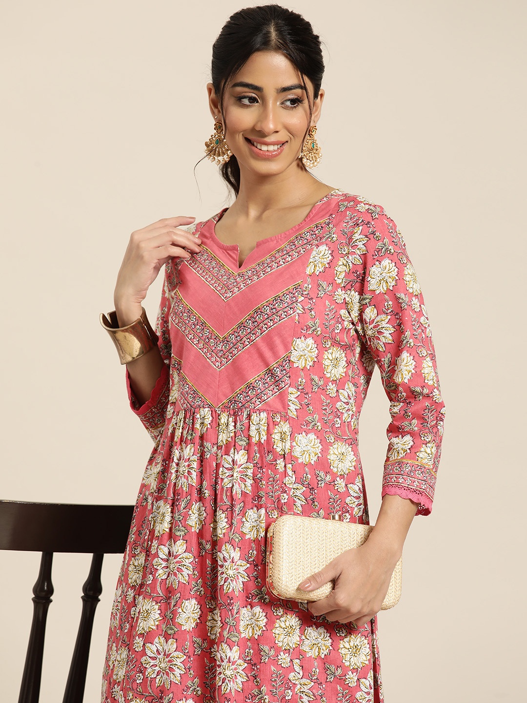 

HERE&NOW Floral Print Pure Cotton A-Line Kurta, Pink