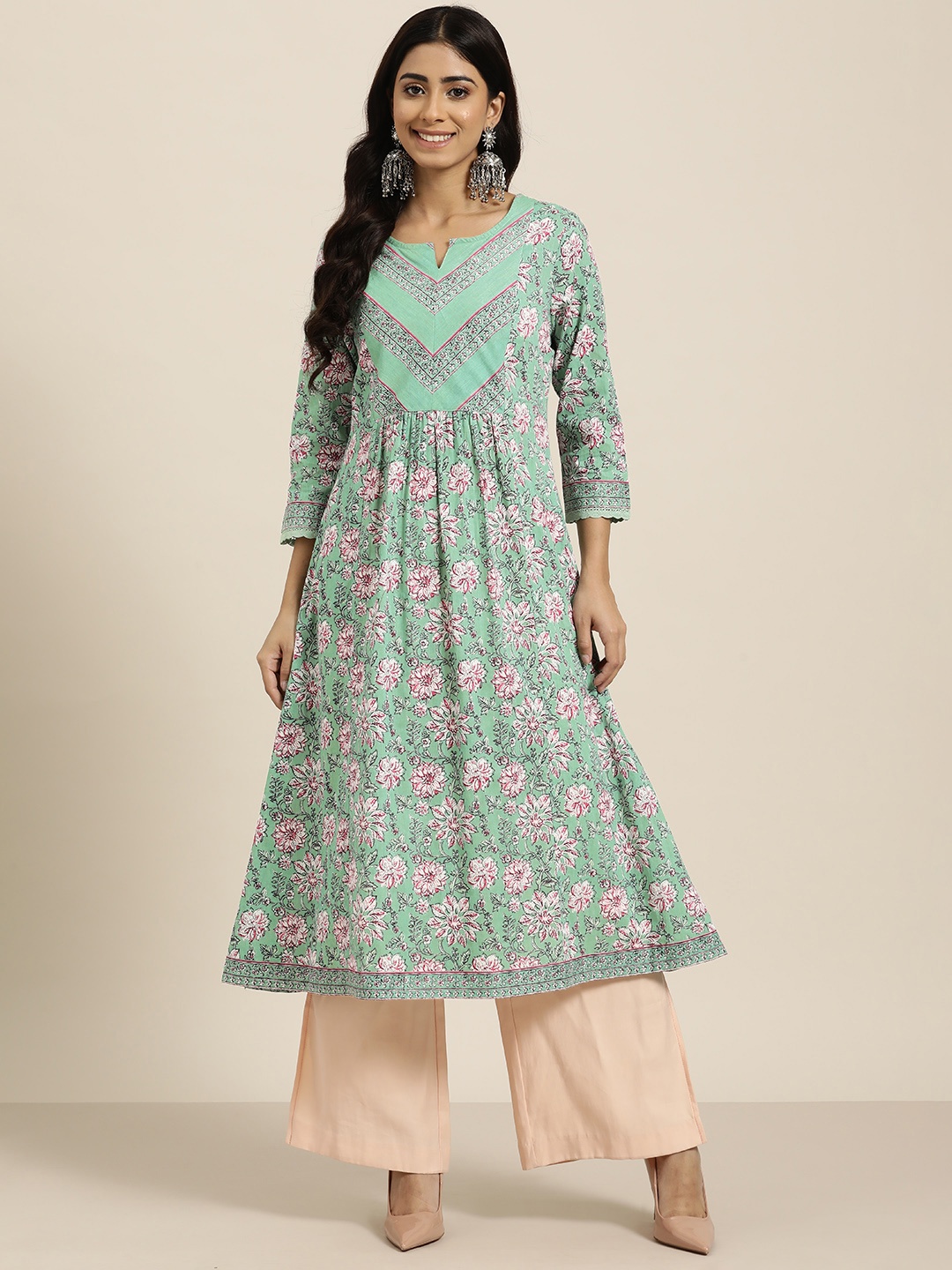 

HERE&NOW Floral Print Pure Cotton Kurta, Green