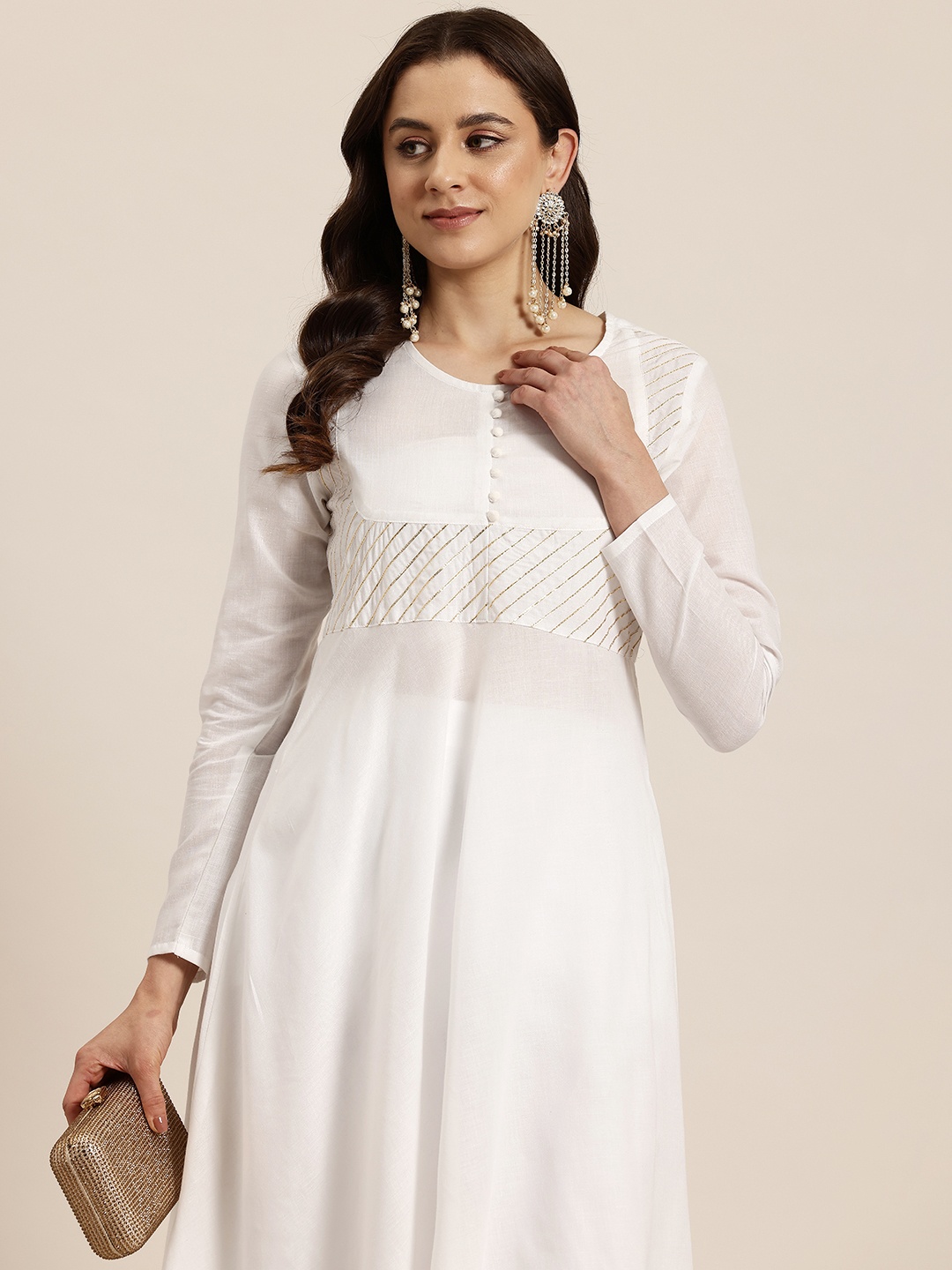 

HERE&NOW Women Gotta Patti Detailed Anarkali Style Pure Cotton Kurta, White