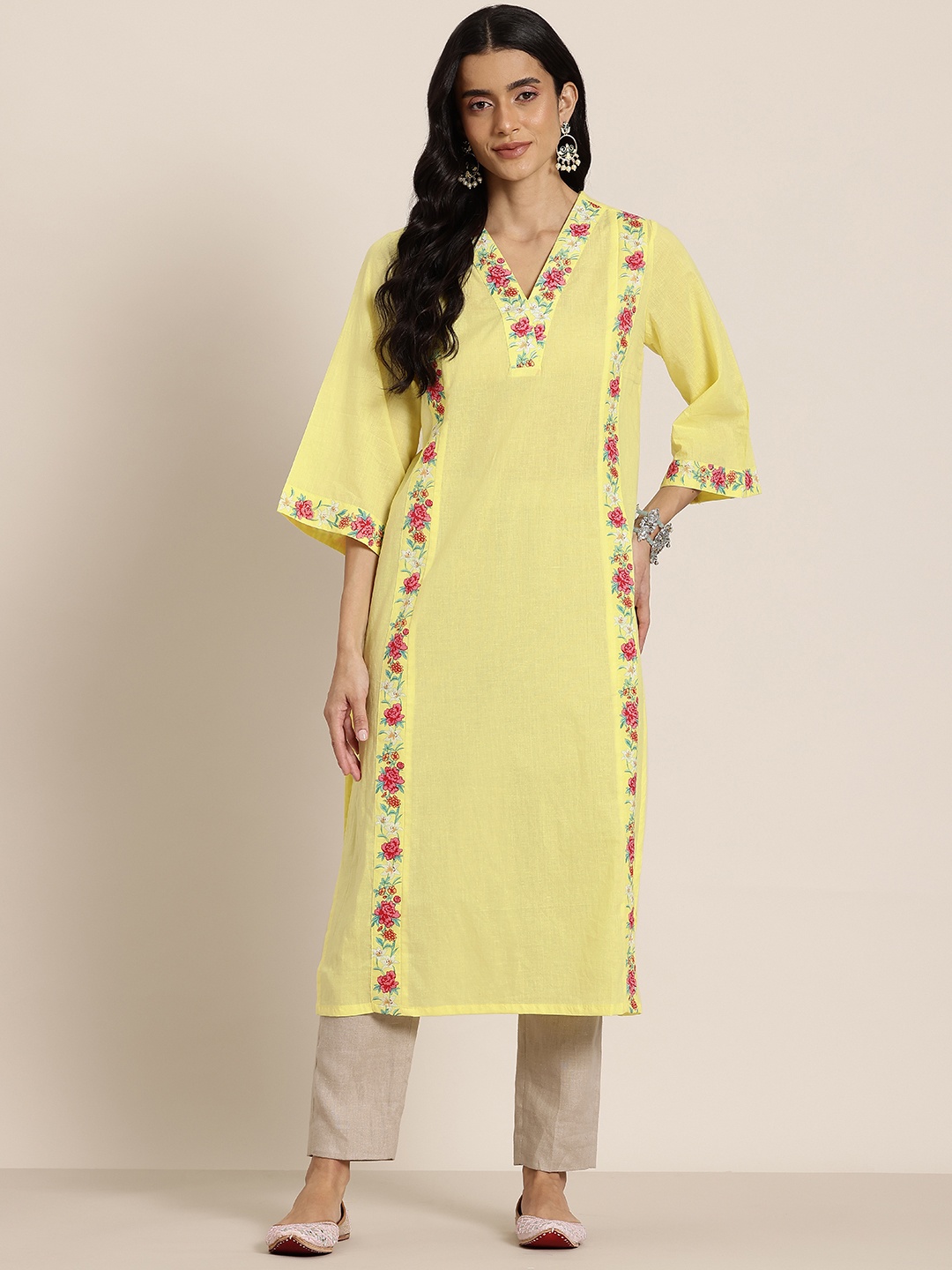 

HERE&NOW Women Floral Printed Pure Cotton Kurta, Yellow