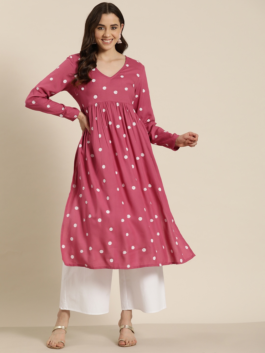 

HERE&NOW Printed Pleated A-Line Kurta, Rose